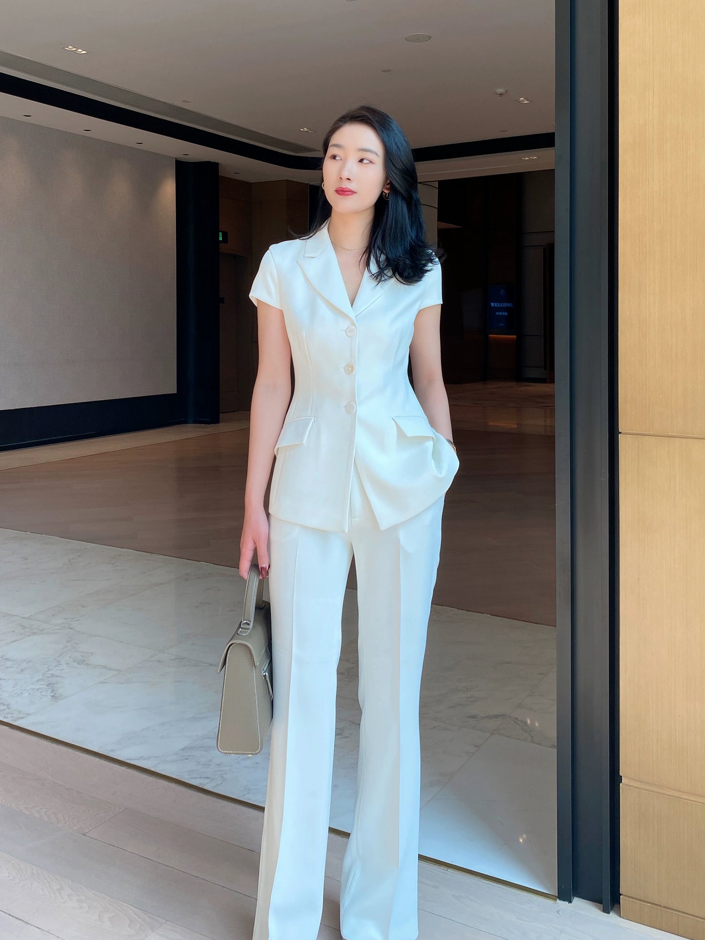 White Flared Summer Trousers with Short Sleeve Blouse