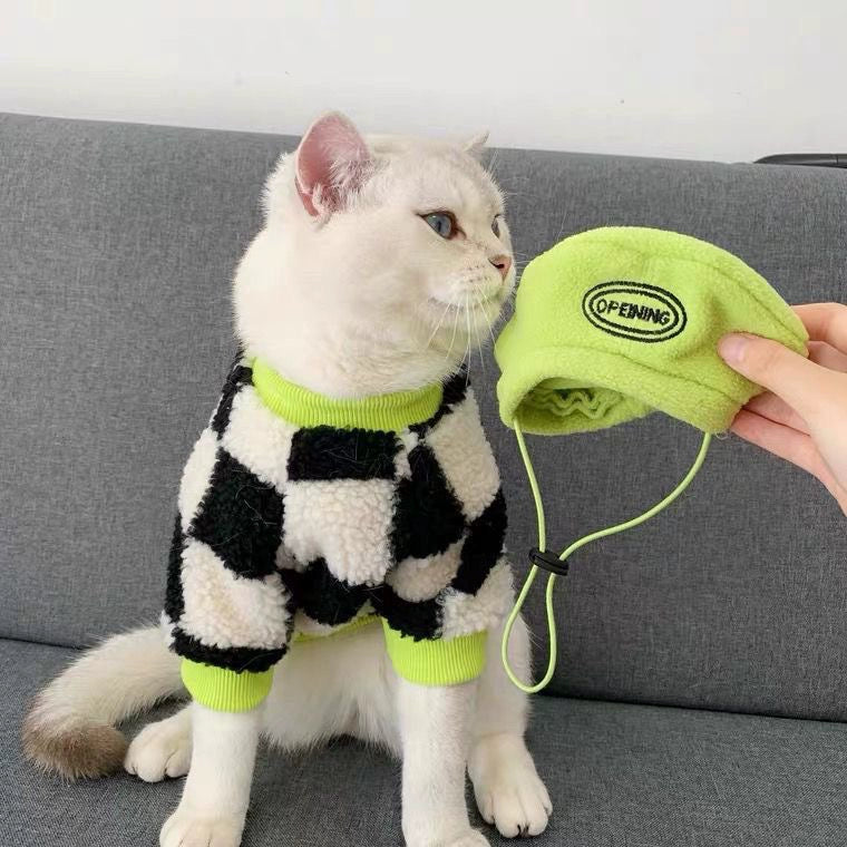 Black White Chessboard Velvet Cat Sweater for Handsome Winter Cats