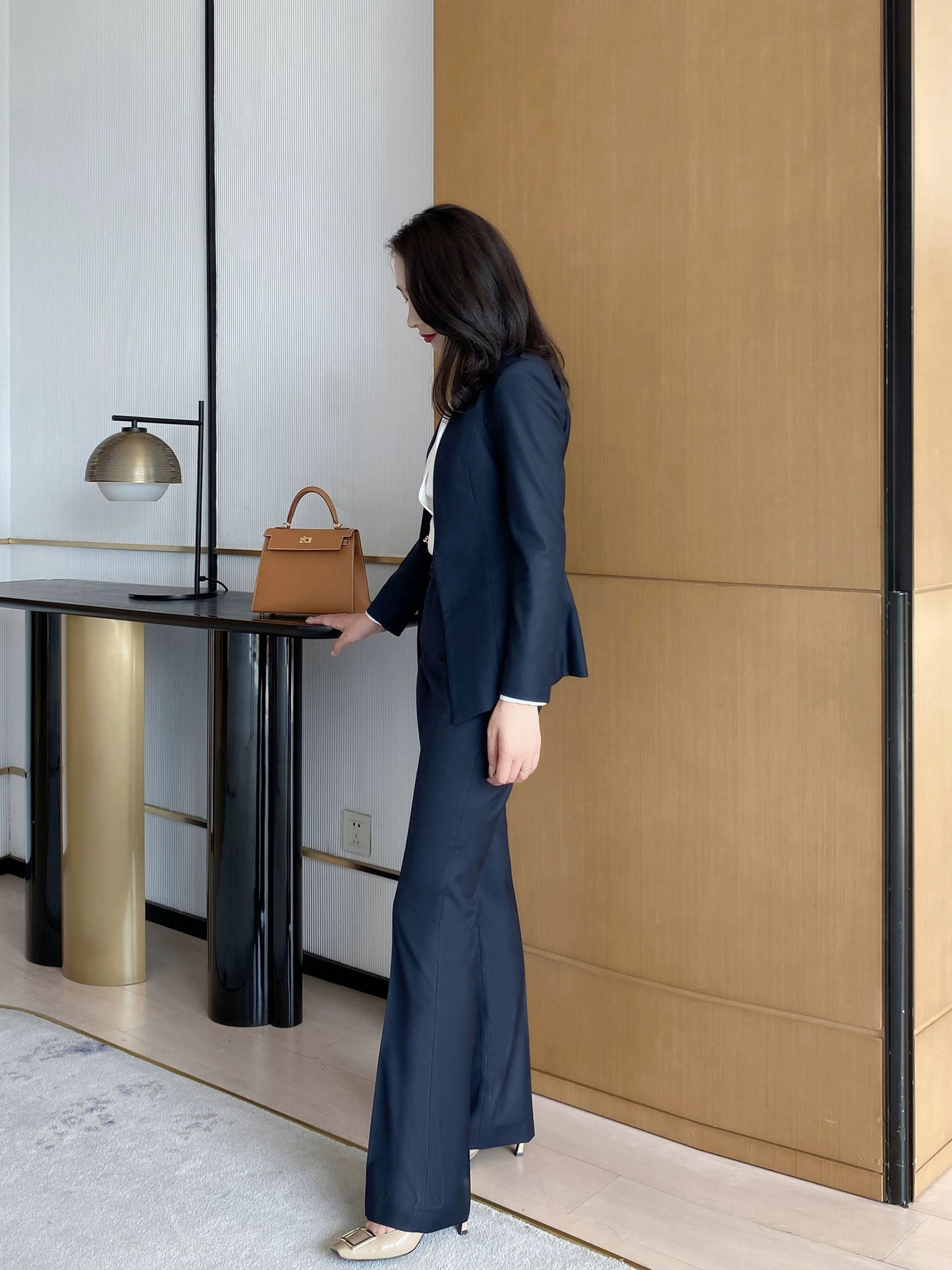 Women's Black Autumn Wool Suit Set with Flared Trousers