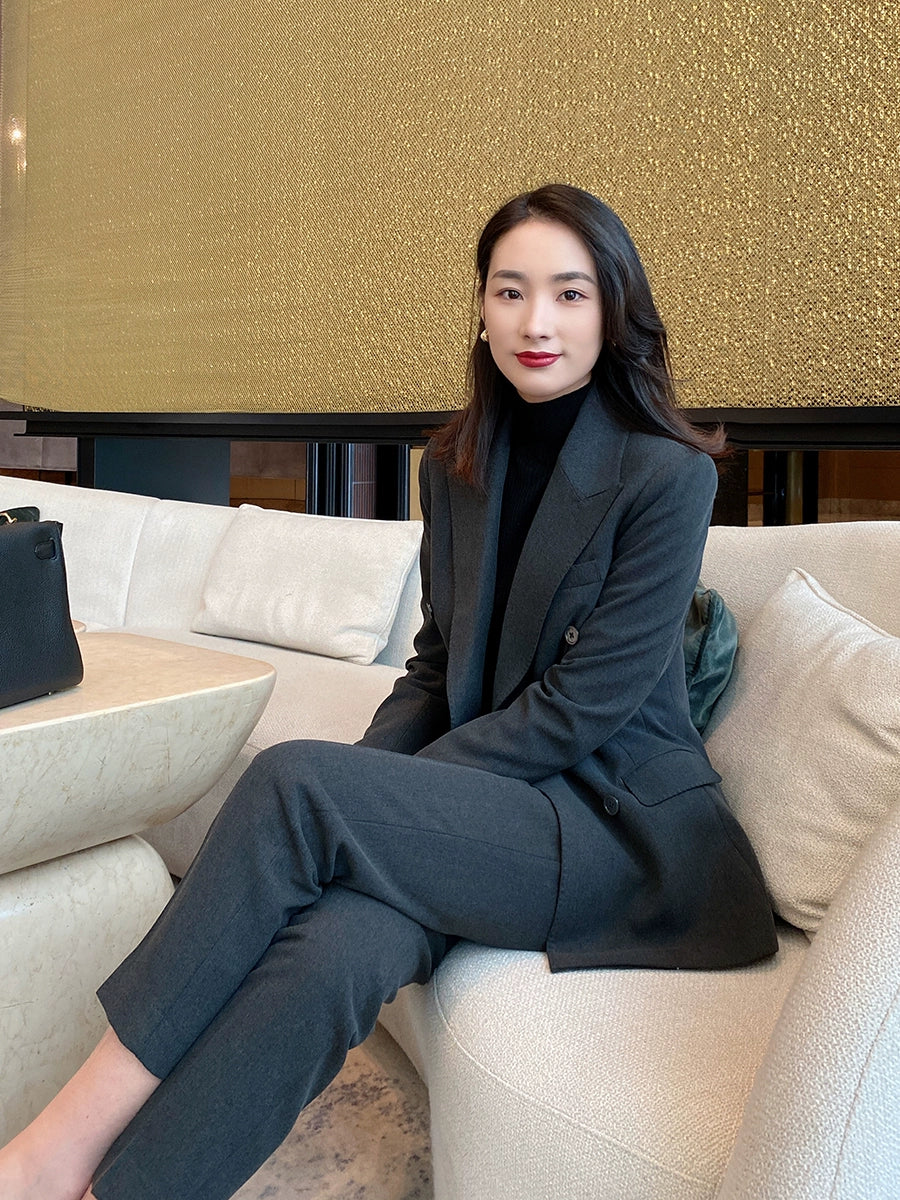 Blue Gray Demi-Season Classic Women's Suit Jacket & Trousers
