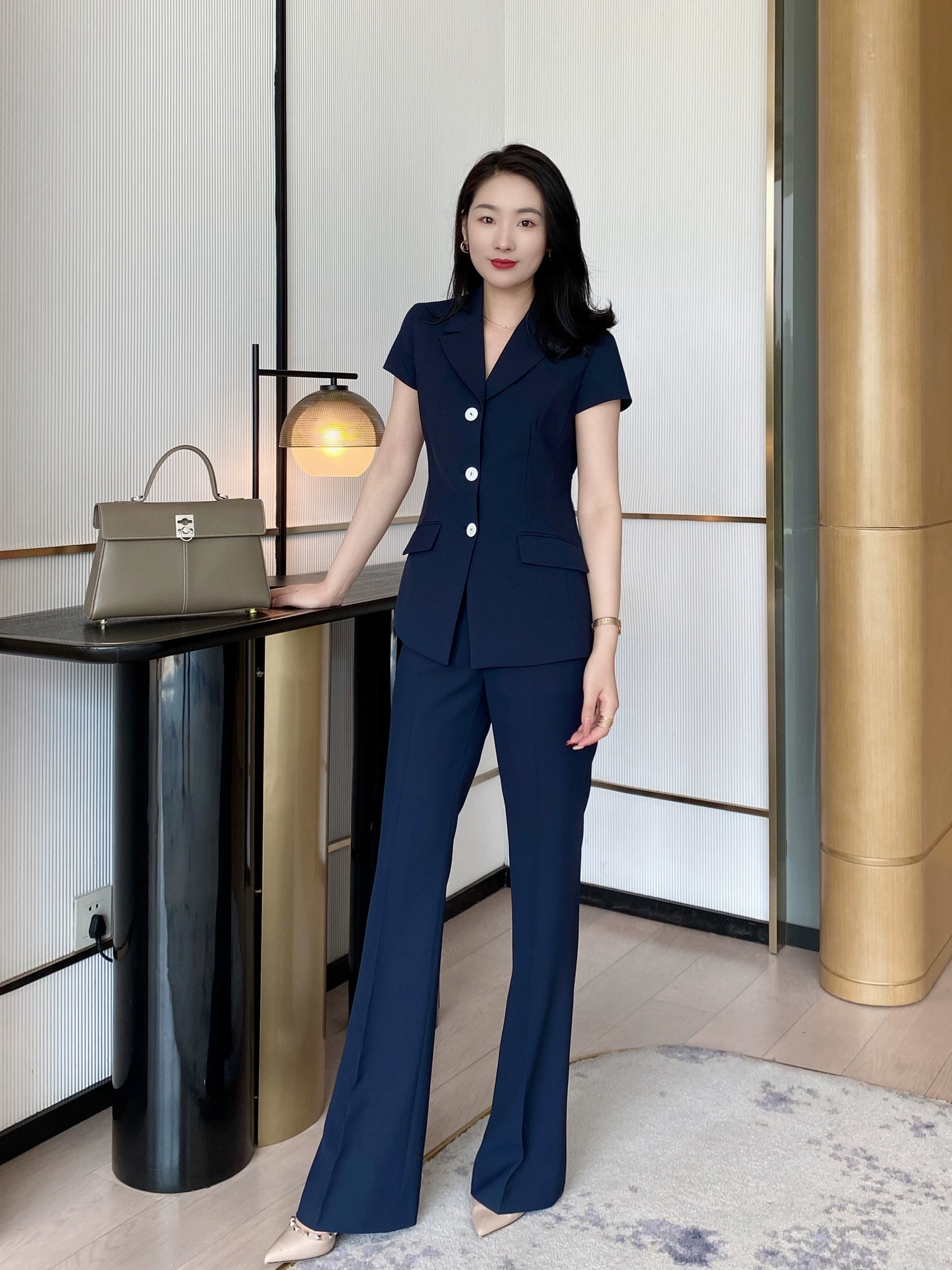 Elegant Summer Suit Set: Short Sleeve Jacket & Flared Trousers
