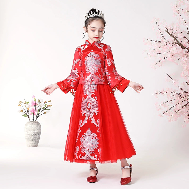 Elegant Chinese Style Girls' Hanfu Dress Set: Long-Sleeve Cheongsam Skirt for Teenagers
