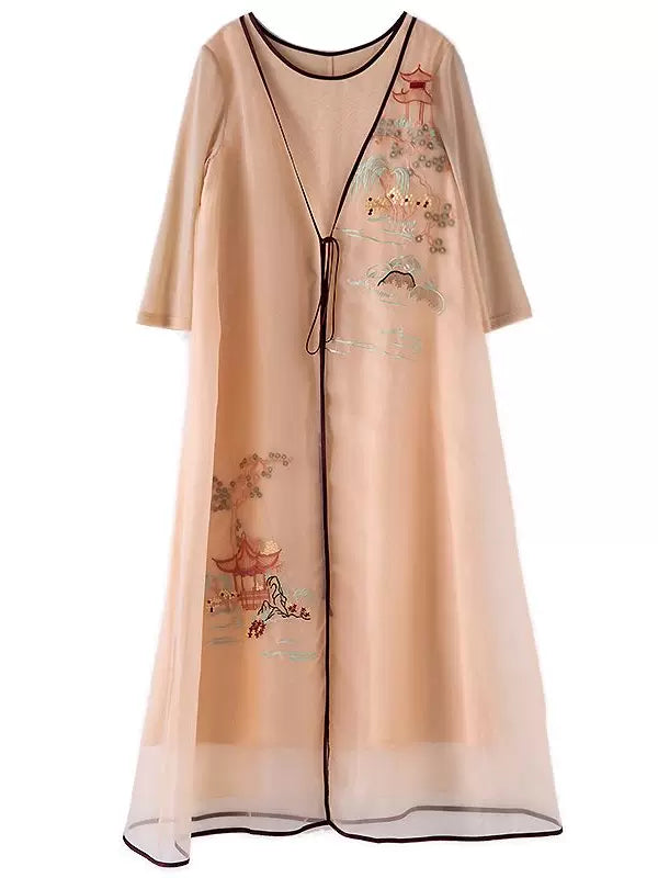 Women's Summer Silk Organza Embroidered Loose Midi Dress