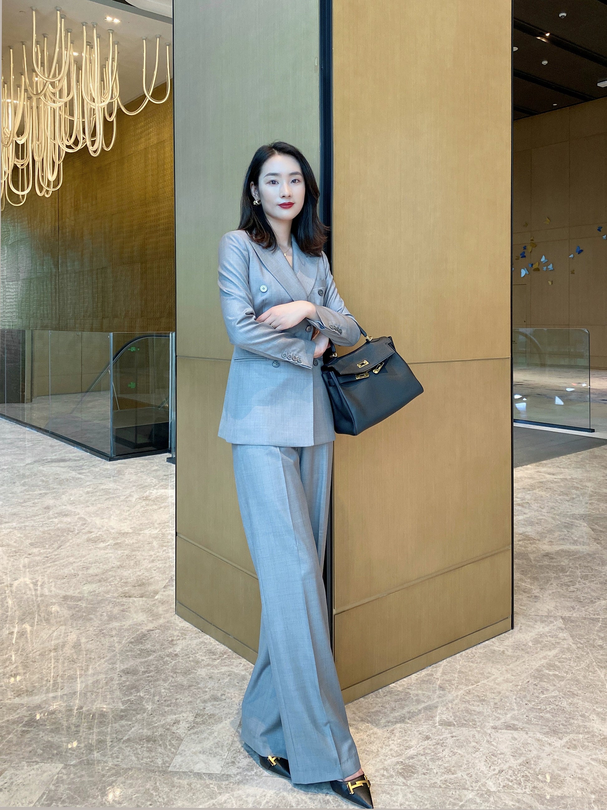 Elegant Light Grey Autumn Women Suit with Wide‑Leg Trousers