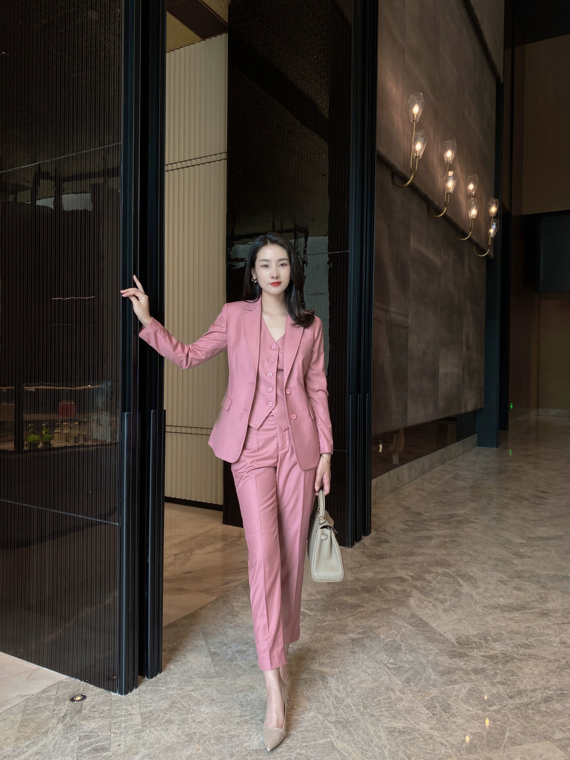 Elegant Autumn Dried Rose Powder Three-Piece Suit Set