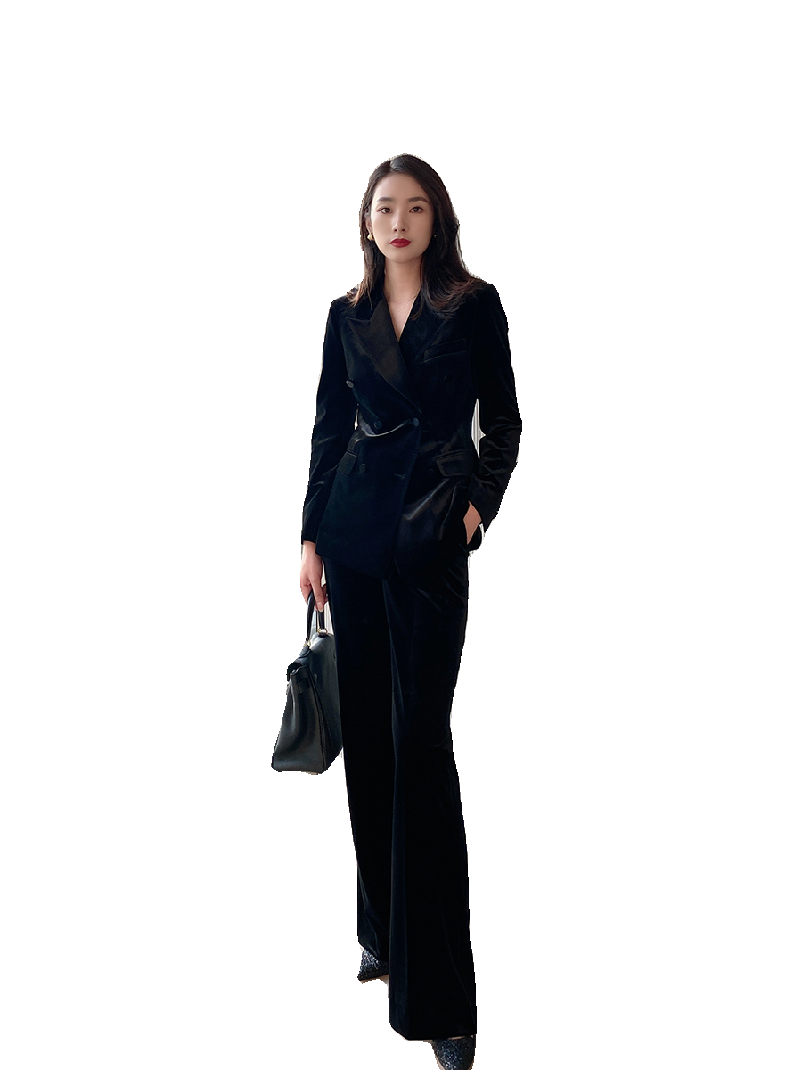 Elegant Black Velvet Demi-Season Suit with Flared Trousers