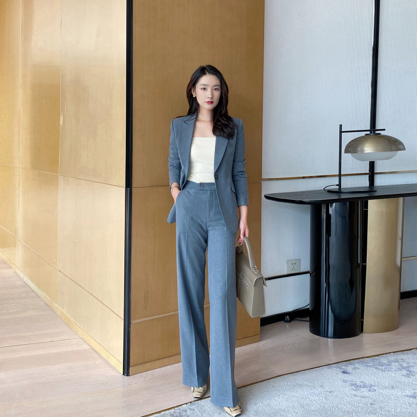 Elegant Grey Demi-Season Women's Suit Jacket Set with Trousers