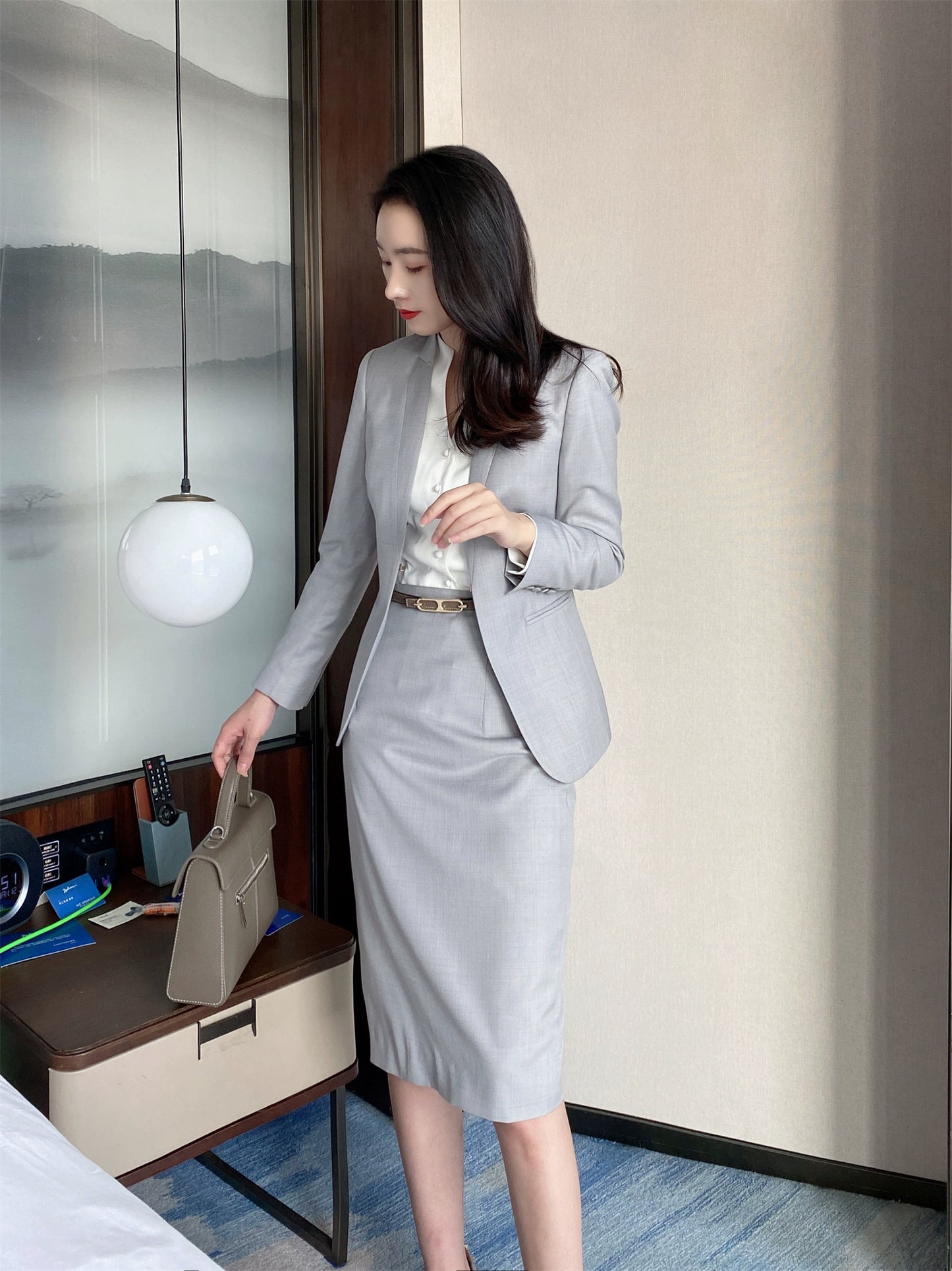 Grey Elegant Women's Suit Set with Hip Skirt