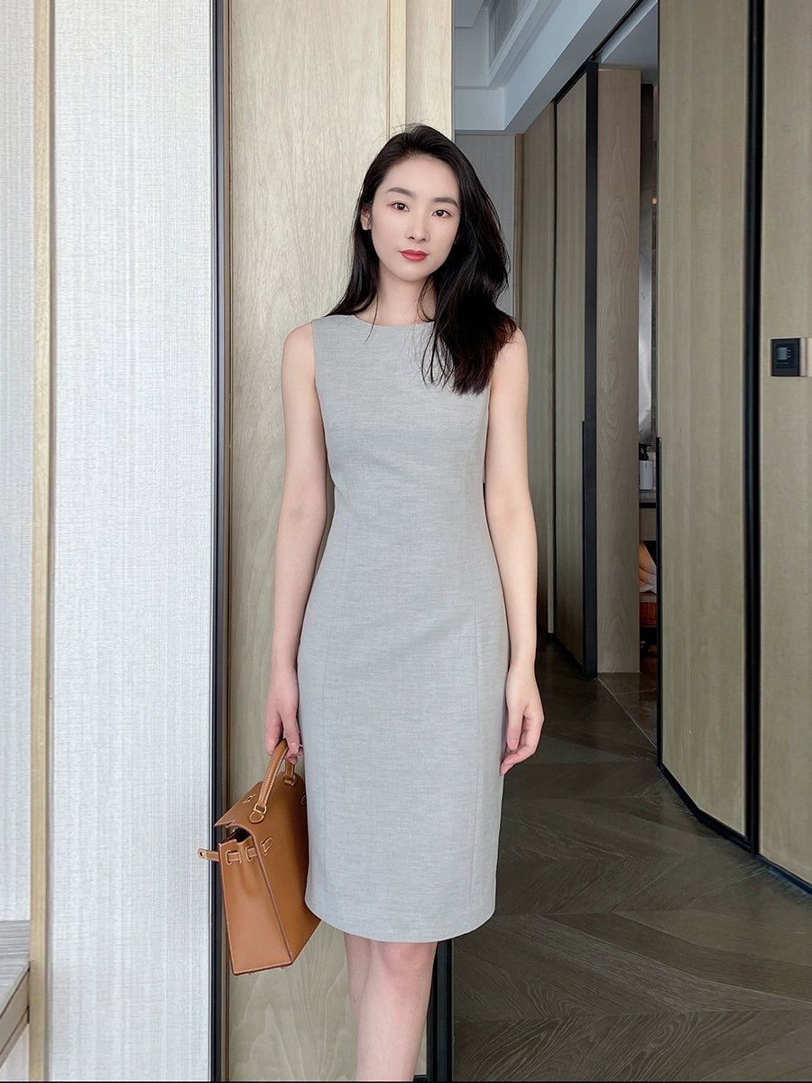 Elegant Summer White Tea Grey Sleeveless Dress Suit Set
