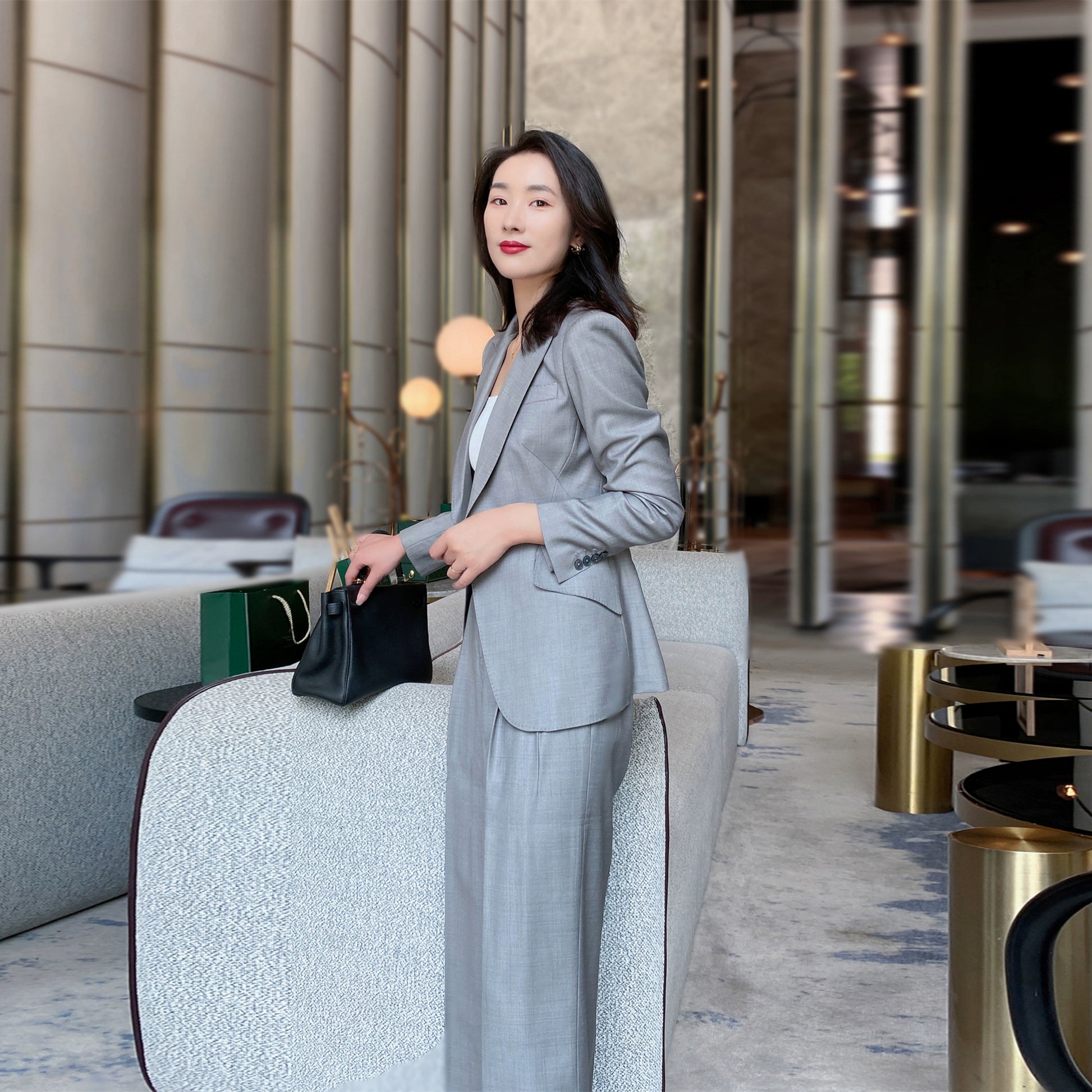 Grey Spring Autumn Unisex Classic Suit Jacket with Wide-Leg Trousers