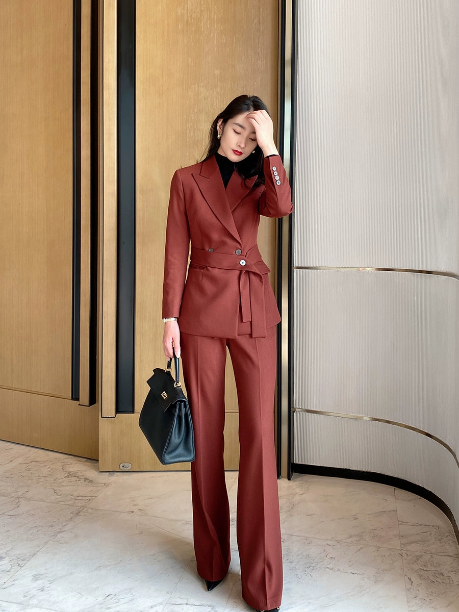 Christmas Red Velvet Women’s Tailored Suit with Flared Trousers