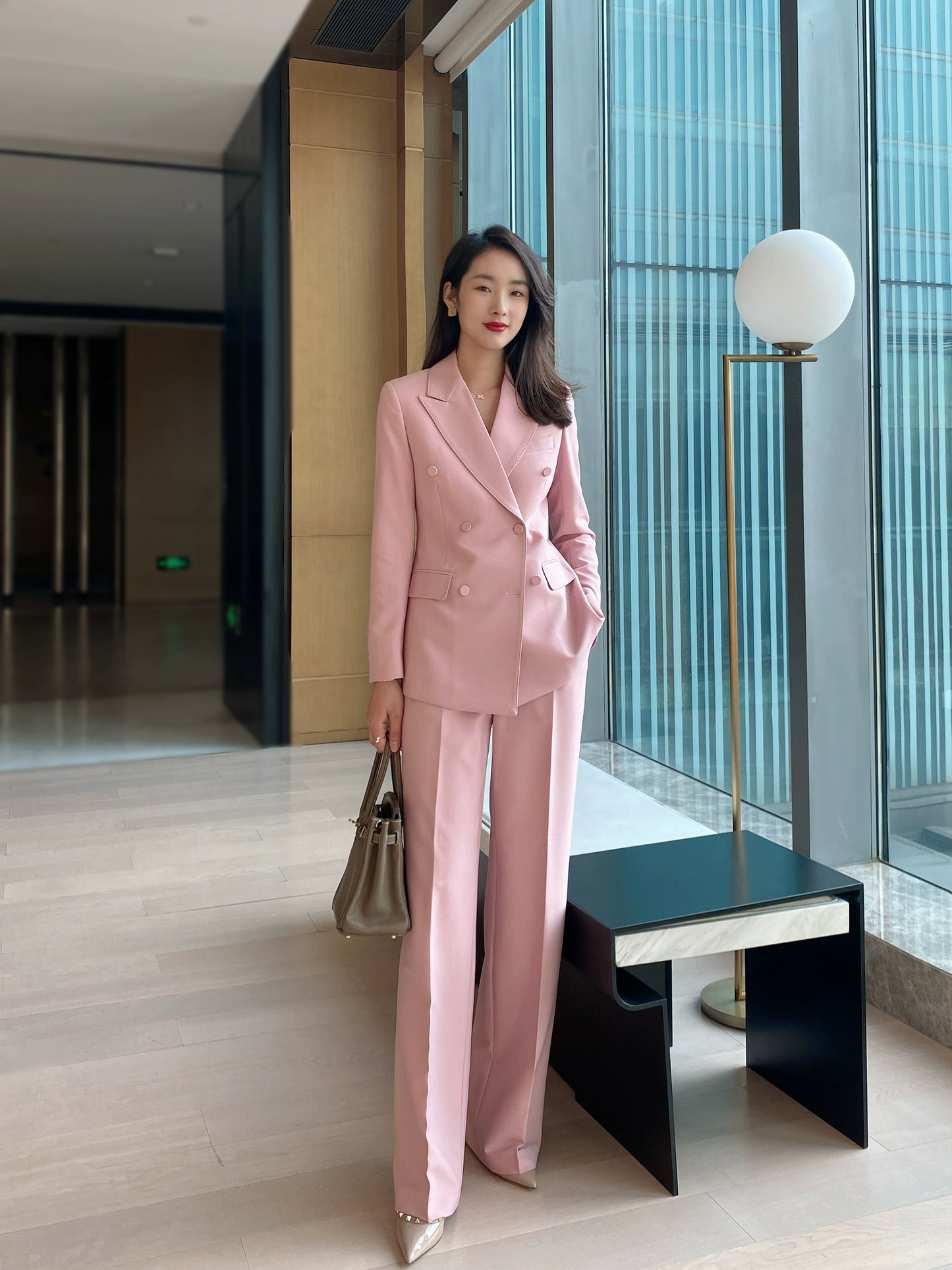 Fuchsia Classic Double-Breasted Suit with High-Waist Wide-Leg Trousers