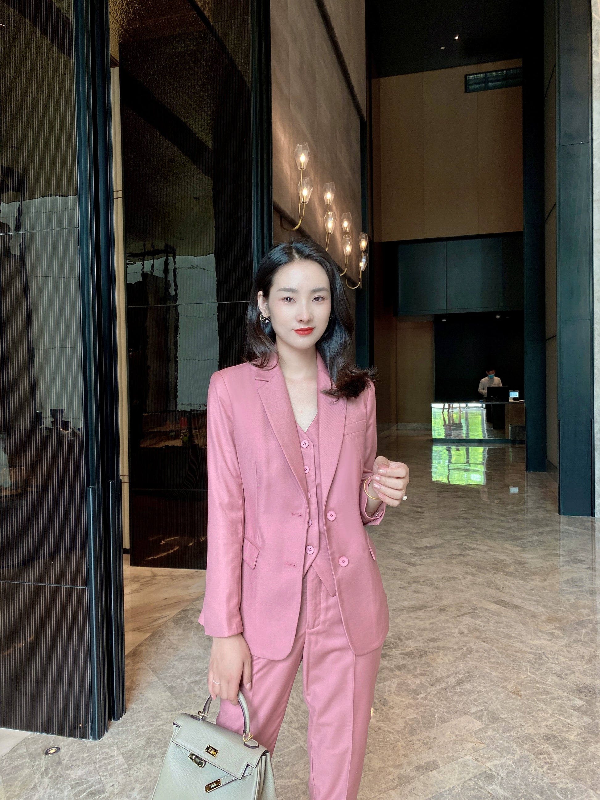 Elegant Autumn Dried Rose Powder Three-Piece Suit Set