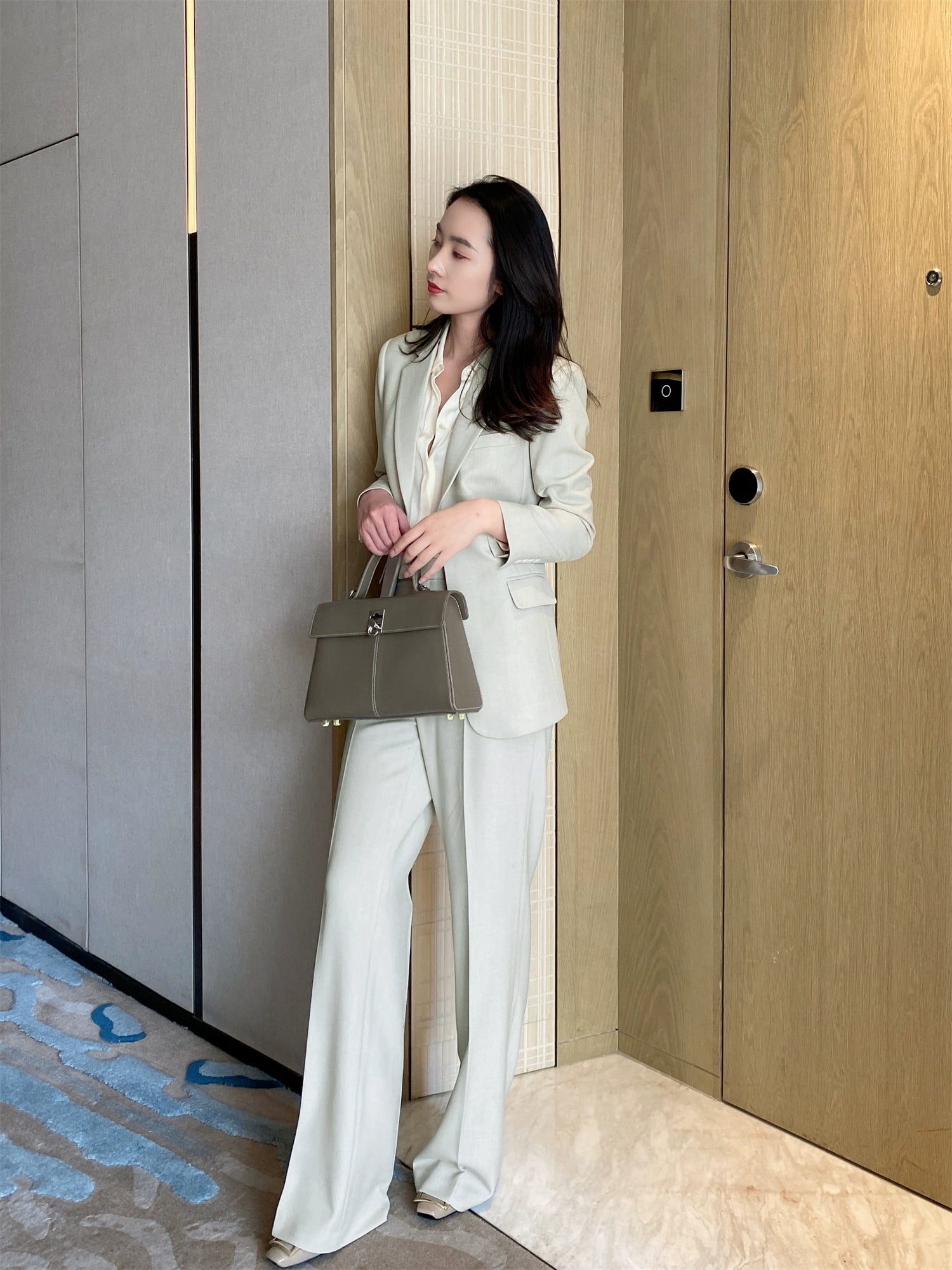 Cream Green Oversized Leisure Suit Set with Straight Trousers