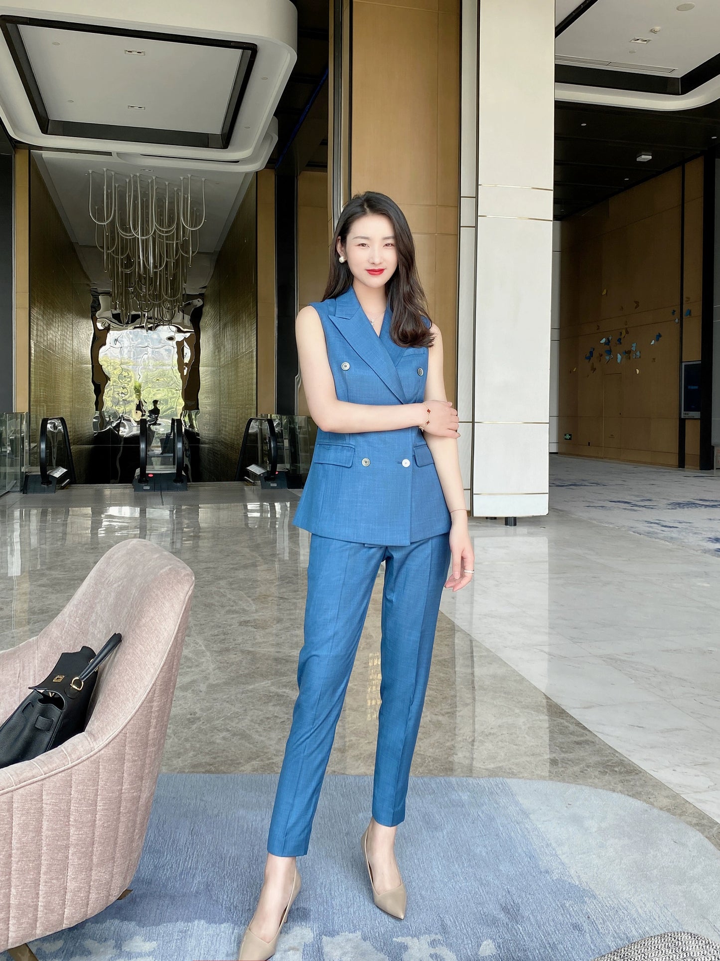 Prussian Blue Summer Thin Suit Set with Sleeveless Vest