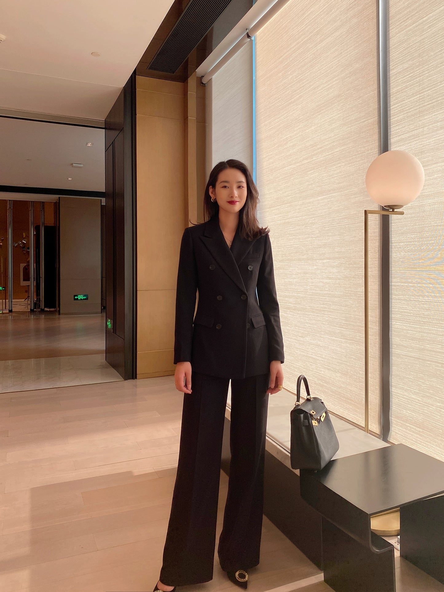 Women's Demi-Season Woolen Suit Jacket & Trousers Set Classic Black