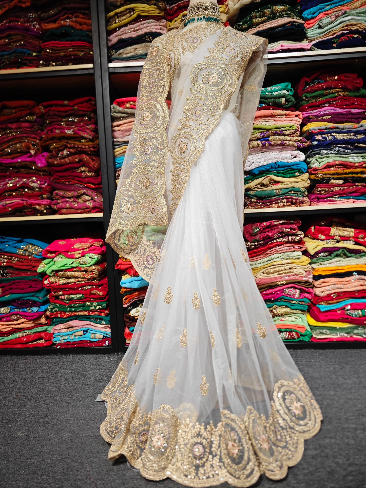 Indian White Embroidered Sari