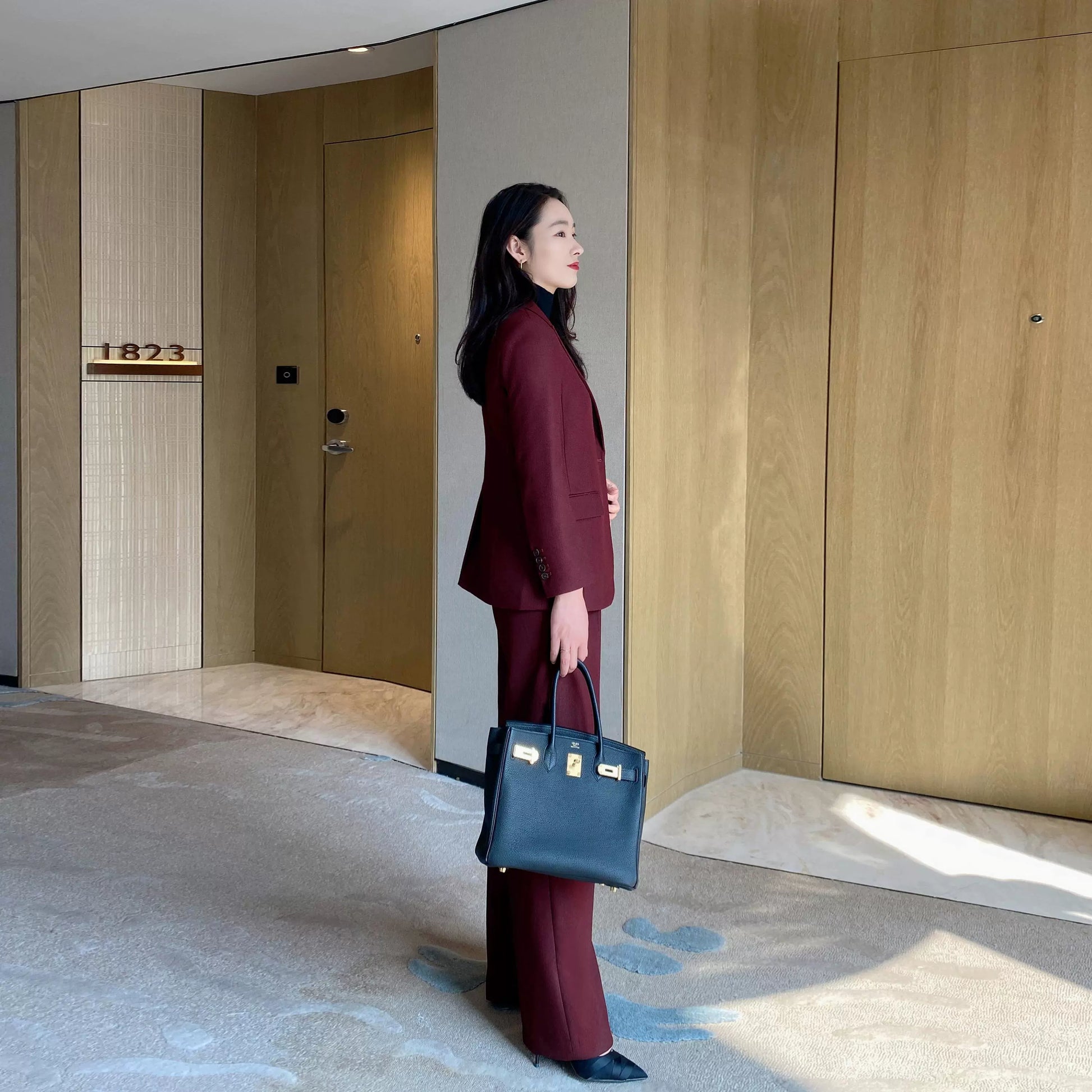 Red One-Button Wool Suit Elegant Wide-Leg Trousers for Women