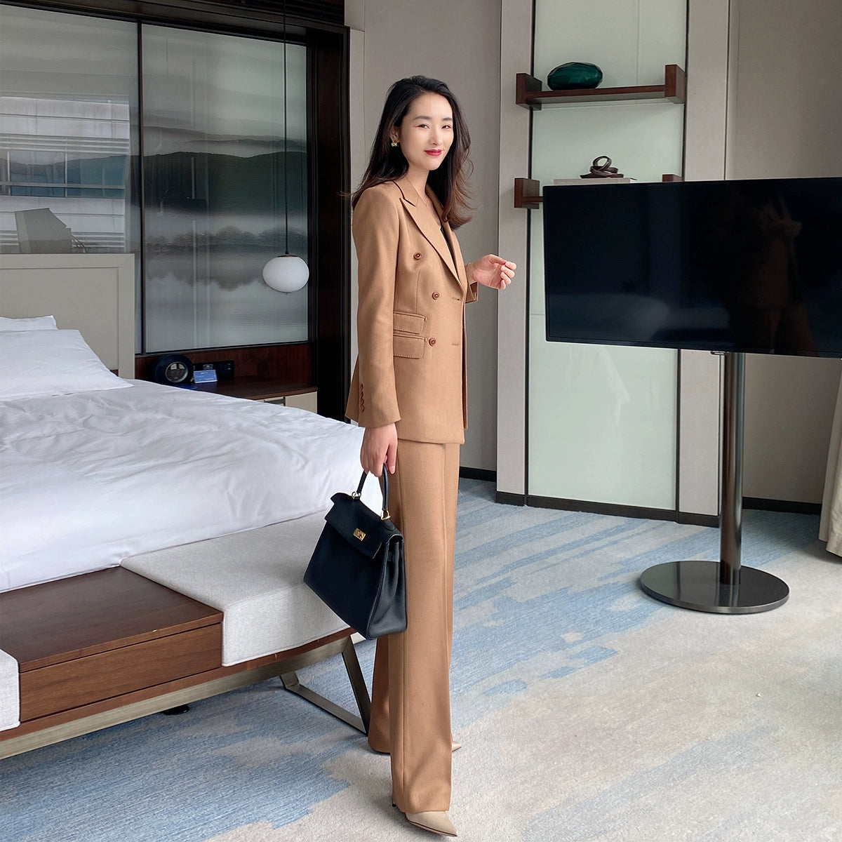 Premium Camel Wool Women’s Suit Set with Slim Fit Trousers