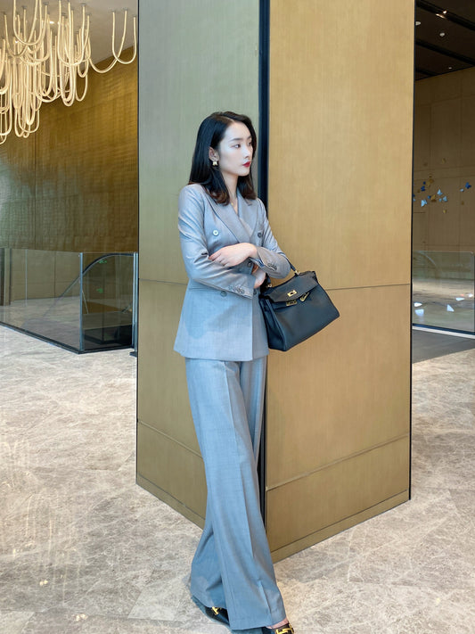 Elegant Light Grey Autumn Women Suit with Wide‑Leg Trousers