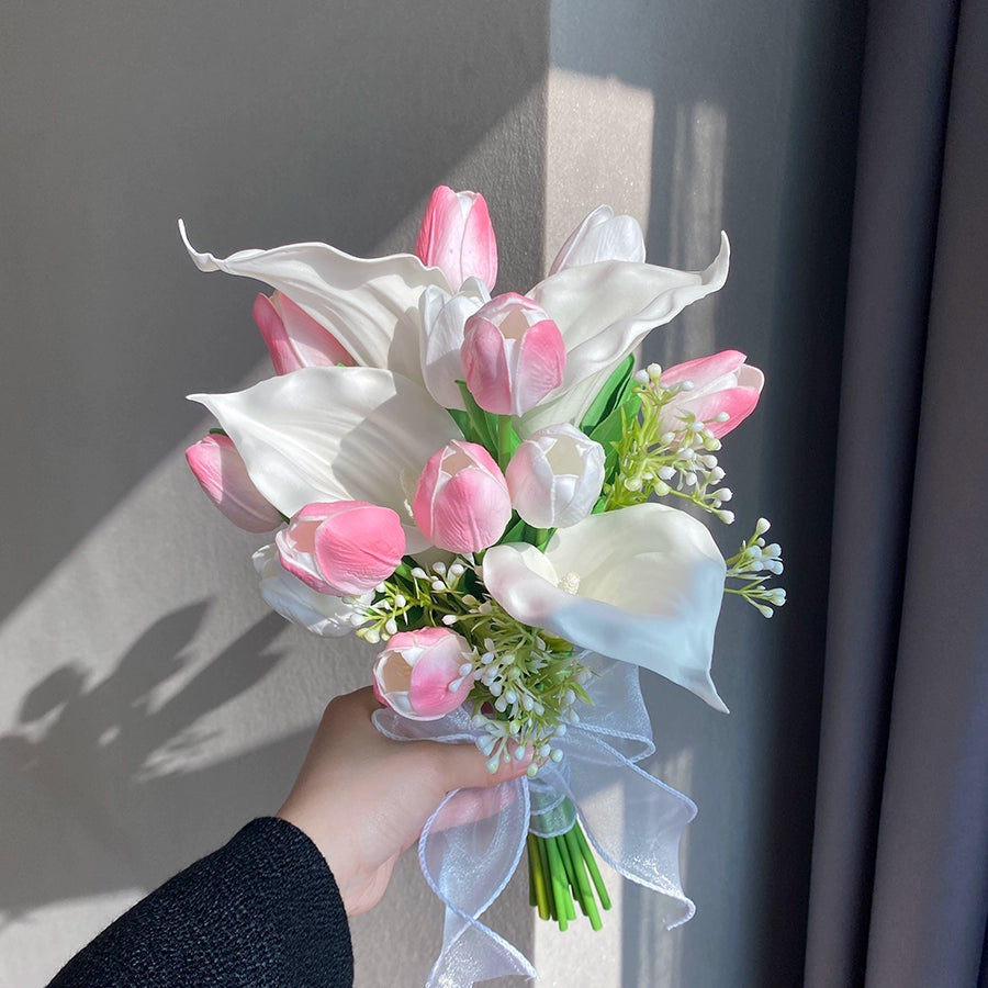 Two bunches of two-in-one simulated flowers, pink tulip calla lily, hand-held flowers, wedding certificate and graduation photo