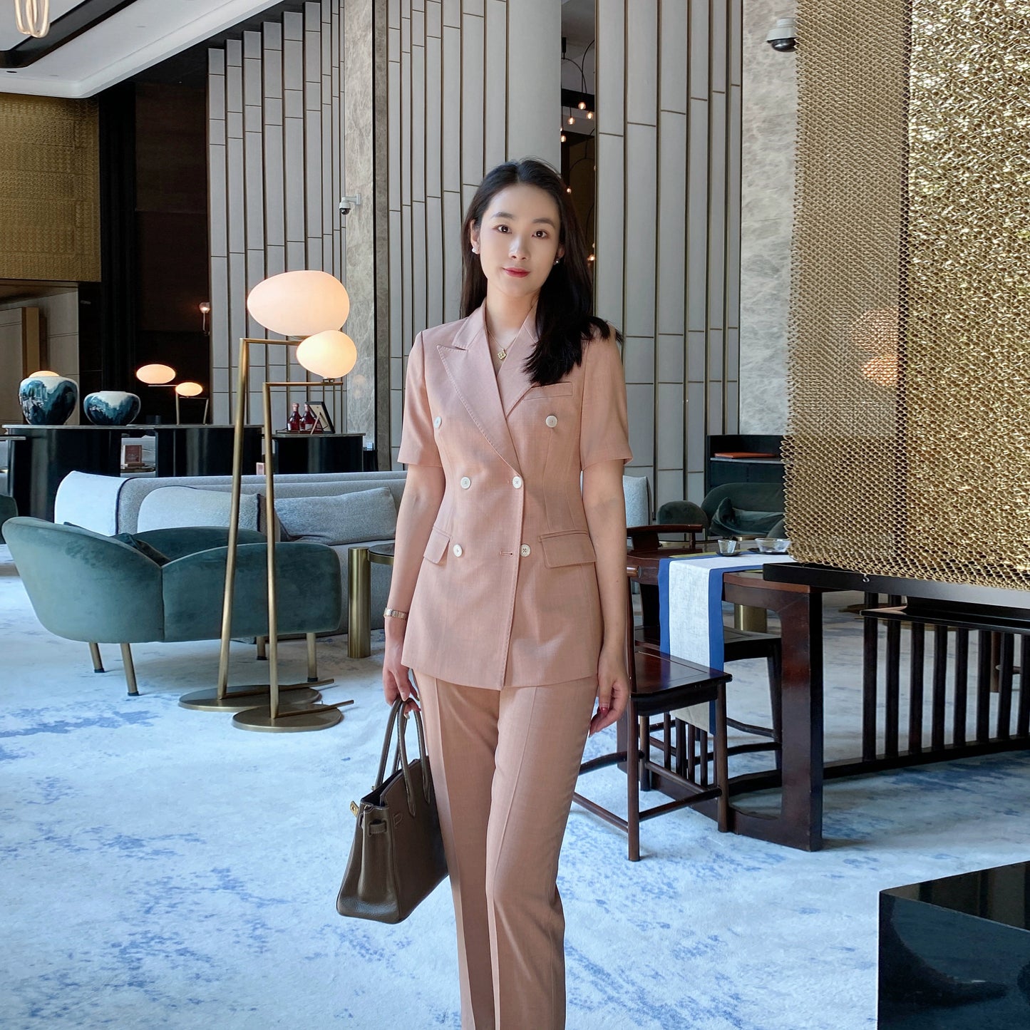 Fuchsia Summer Light Slim Suit Set with Short Sleeve