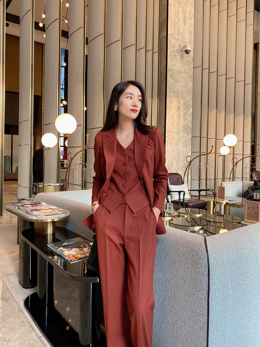 Elegant Burgundy 3-Piece Women's Suit Set with Vest and Trousers