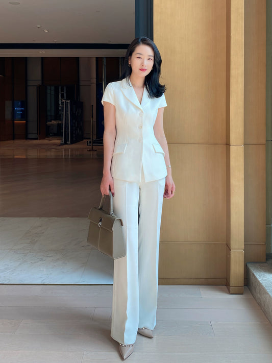 White Flared Summer Trousers with Short Sleeve Blouse