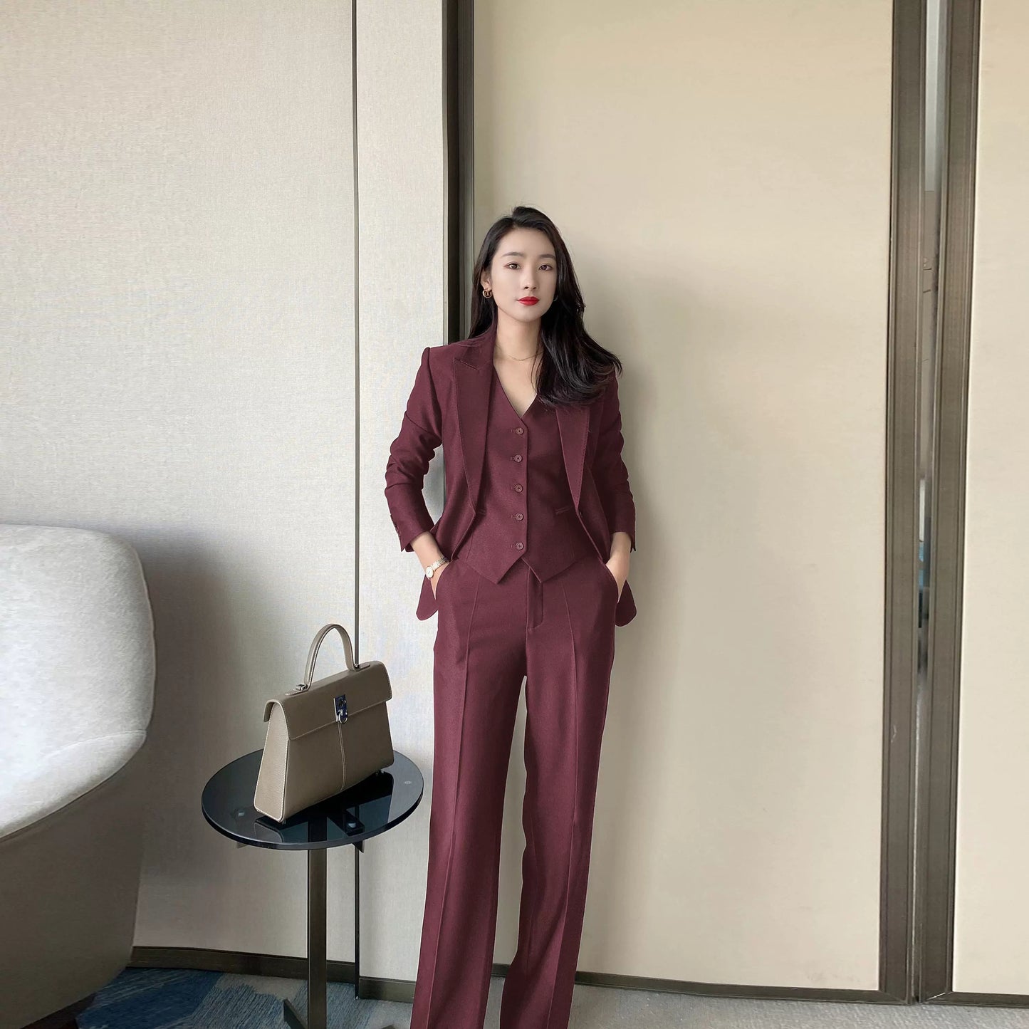 Elegant Winter Suit Set with Red Vest and Trousers