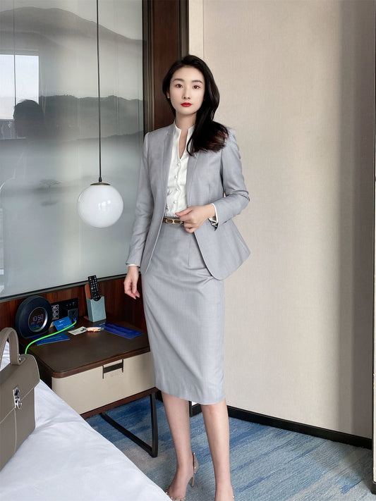 Grey Elegant Women's Suit Set with Hip Skirt