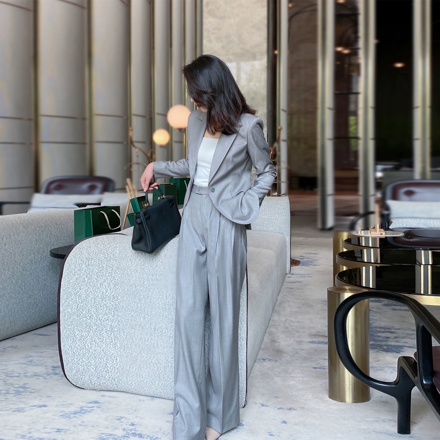 Grey Spring Autumn Unisex Classic Suit Jacket with Wide-Leg Trousers