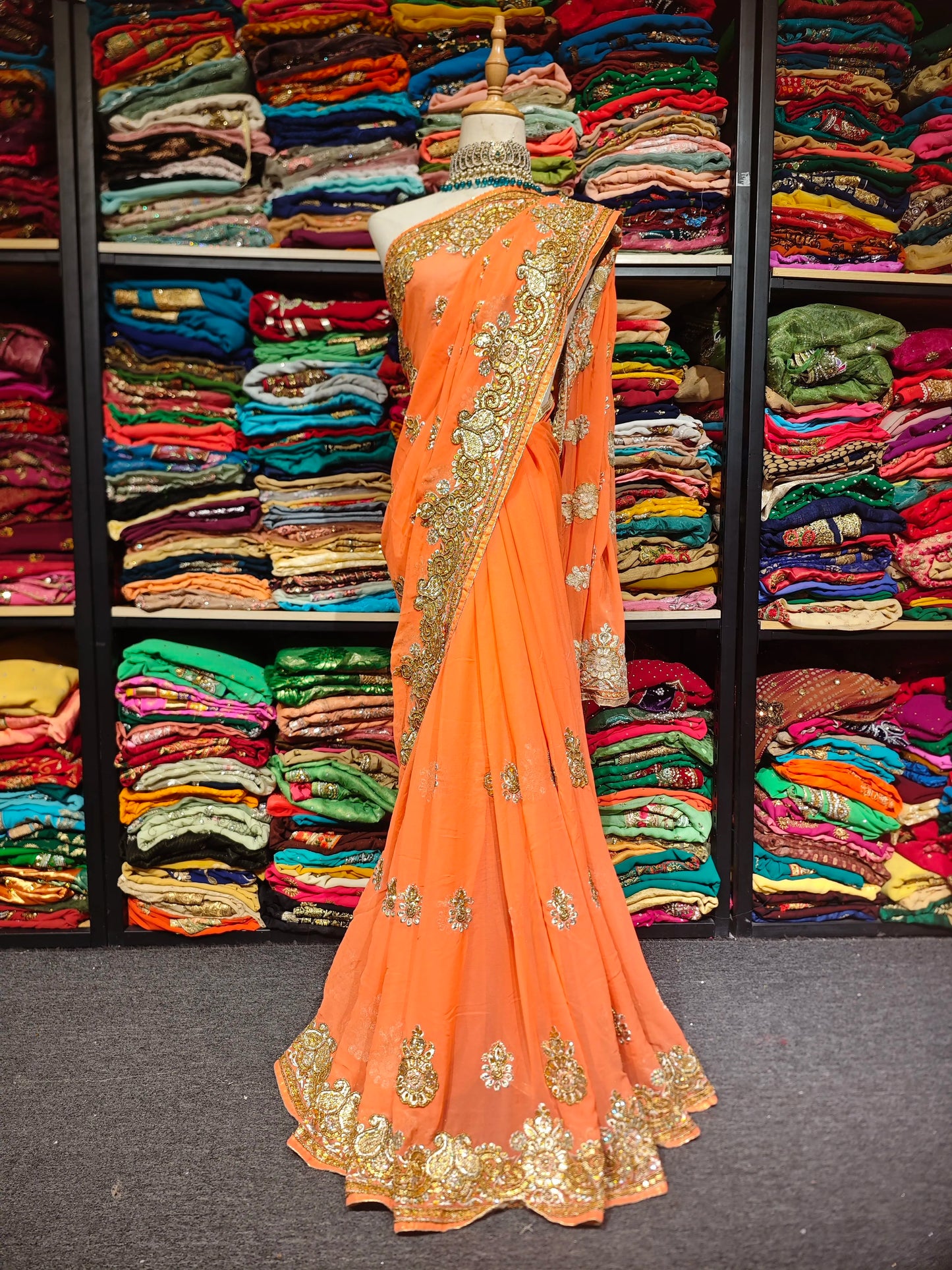 Hand-Embroidered Beaded Orange Saree