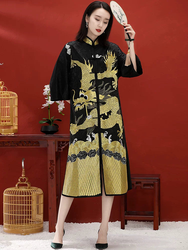 Mid-Length Women's Chinese-Style Coat Hand-Embroidered Gold Dragon Black