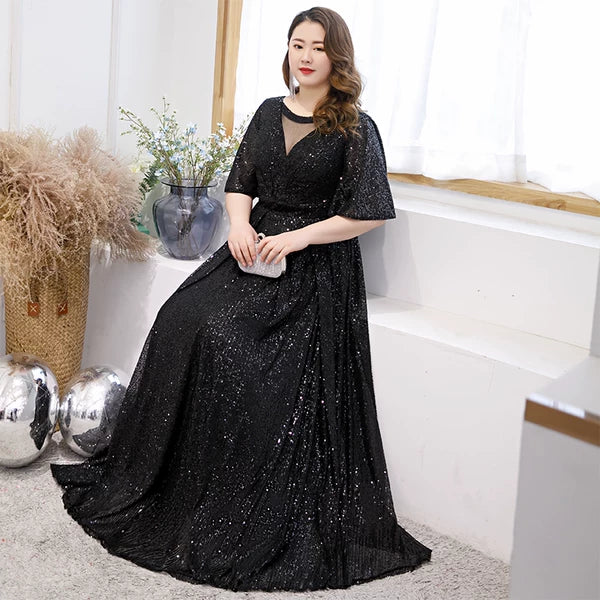 Black Nail Sequins Fitted Evening Dress