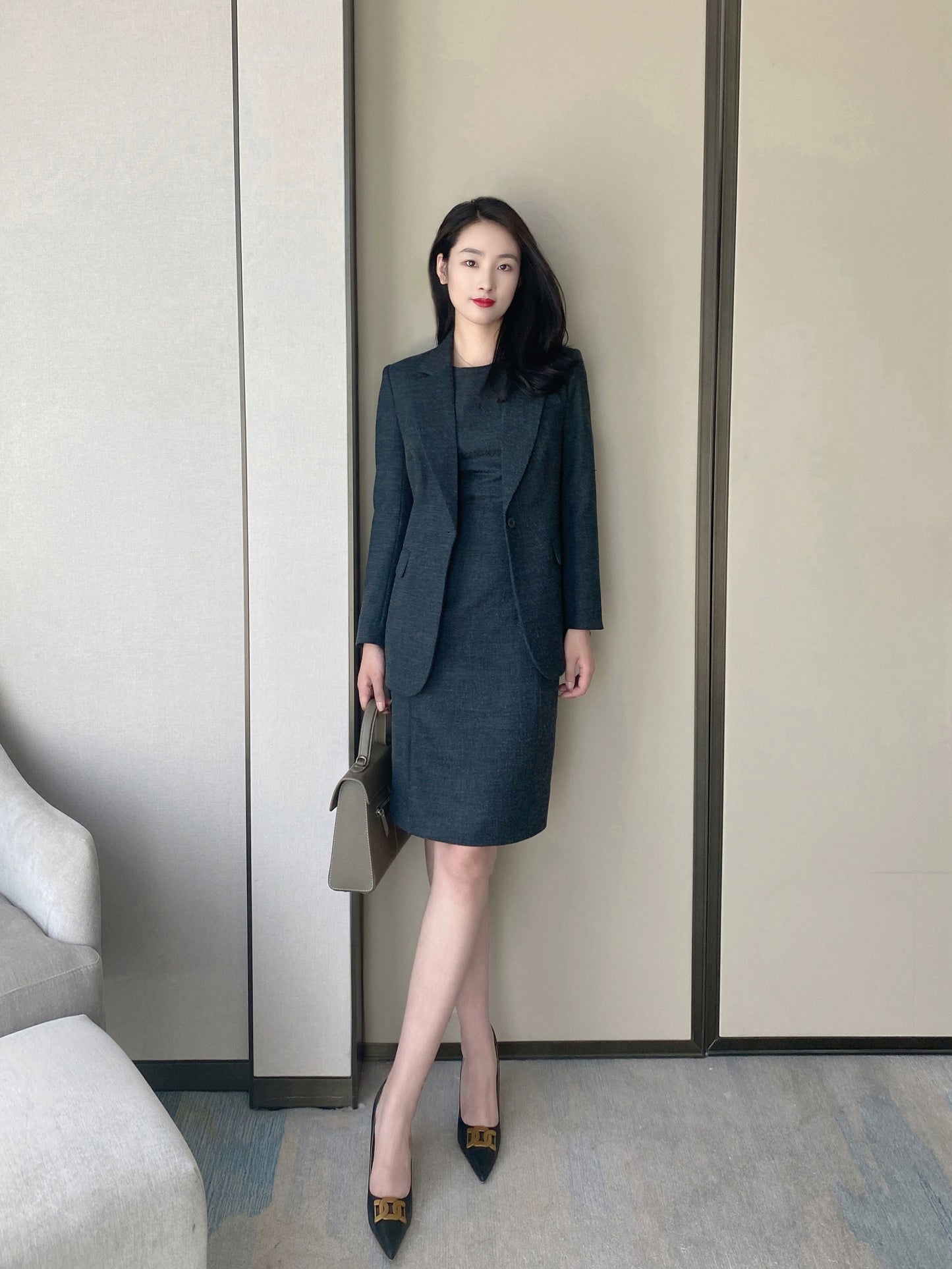 Dark Gray Demi-Season Fitted Dress, Skirt & Jacket Set