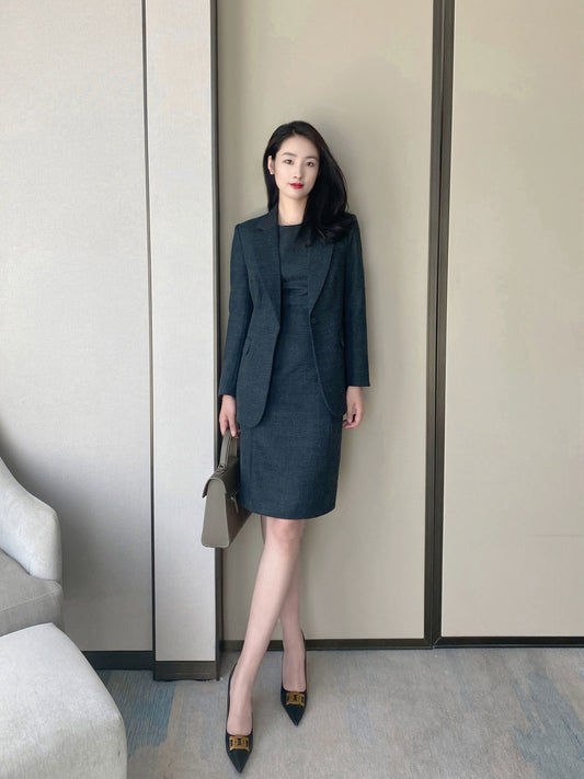 Dark Gray Demi-Season Fitted Dress, Skirt & Jacket Set