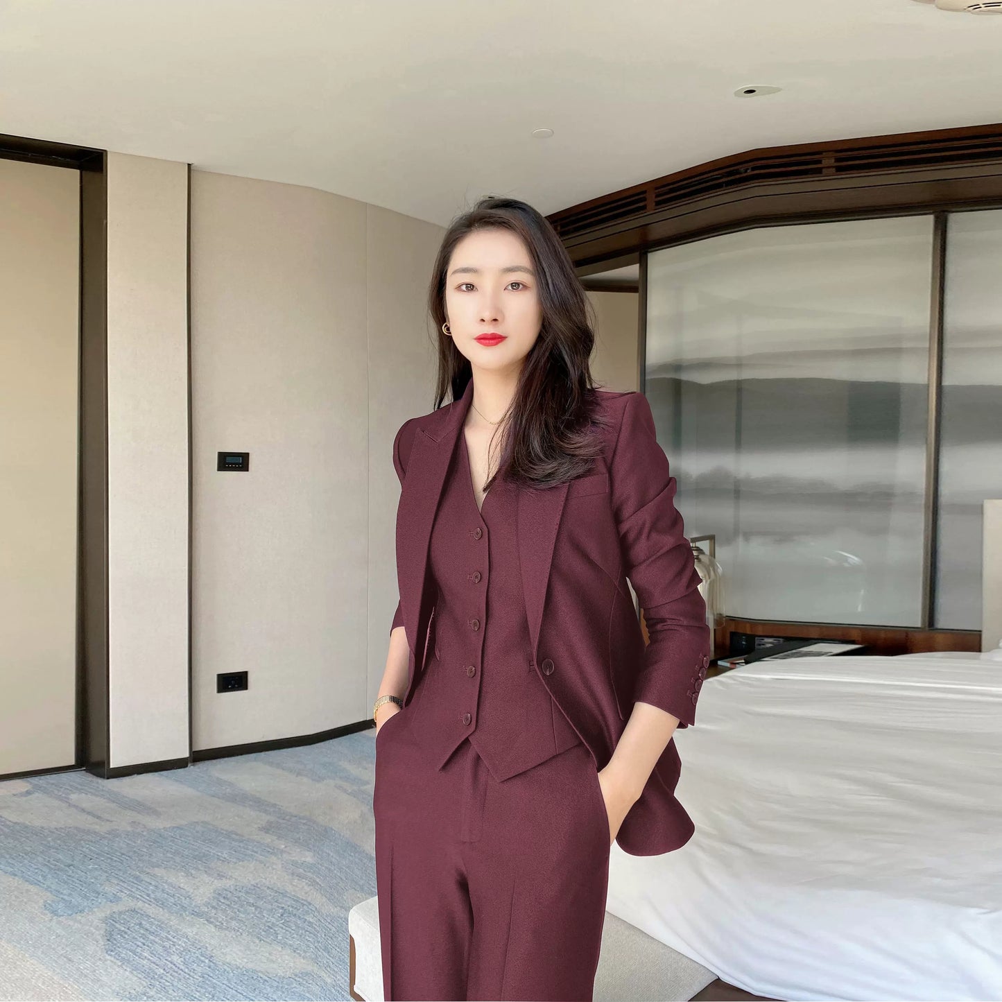 Elegant Winter Suit Set with Red Vest and Trousers