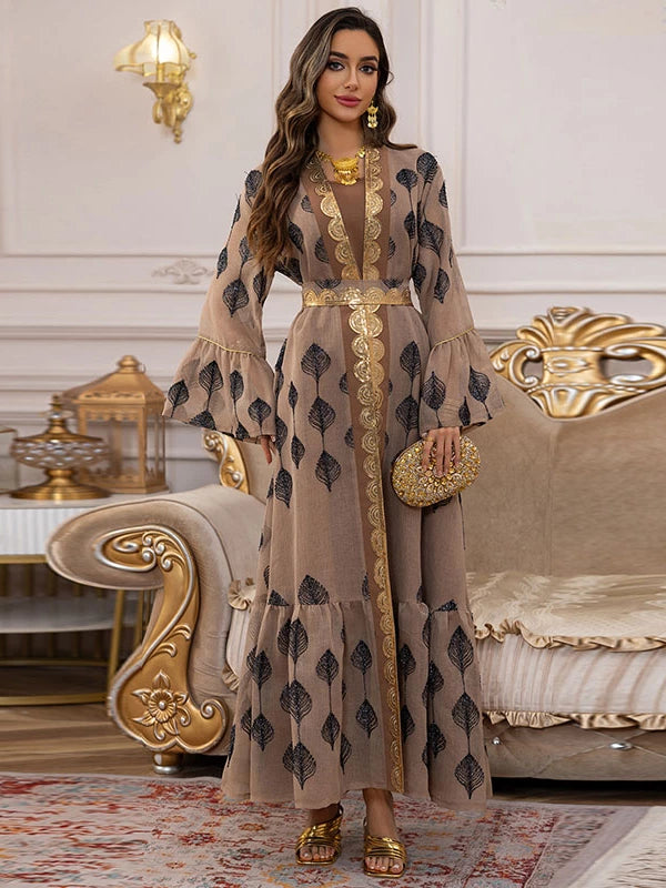 Elegant Khaki Arabic Embroidered Fashionable Two?Piece Dress Set