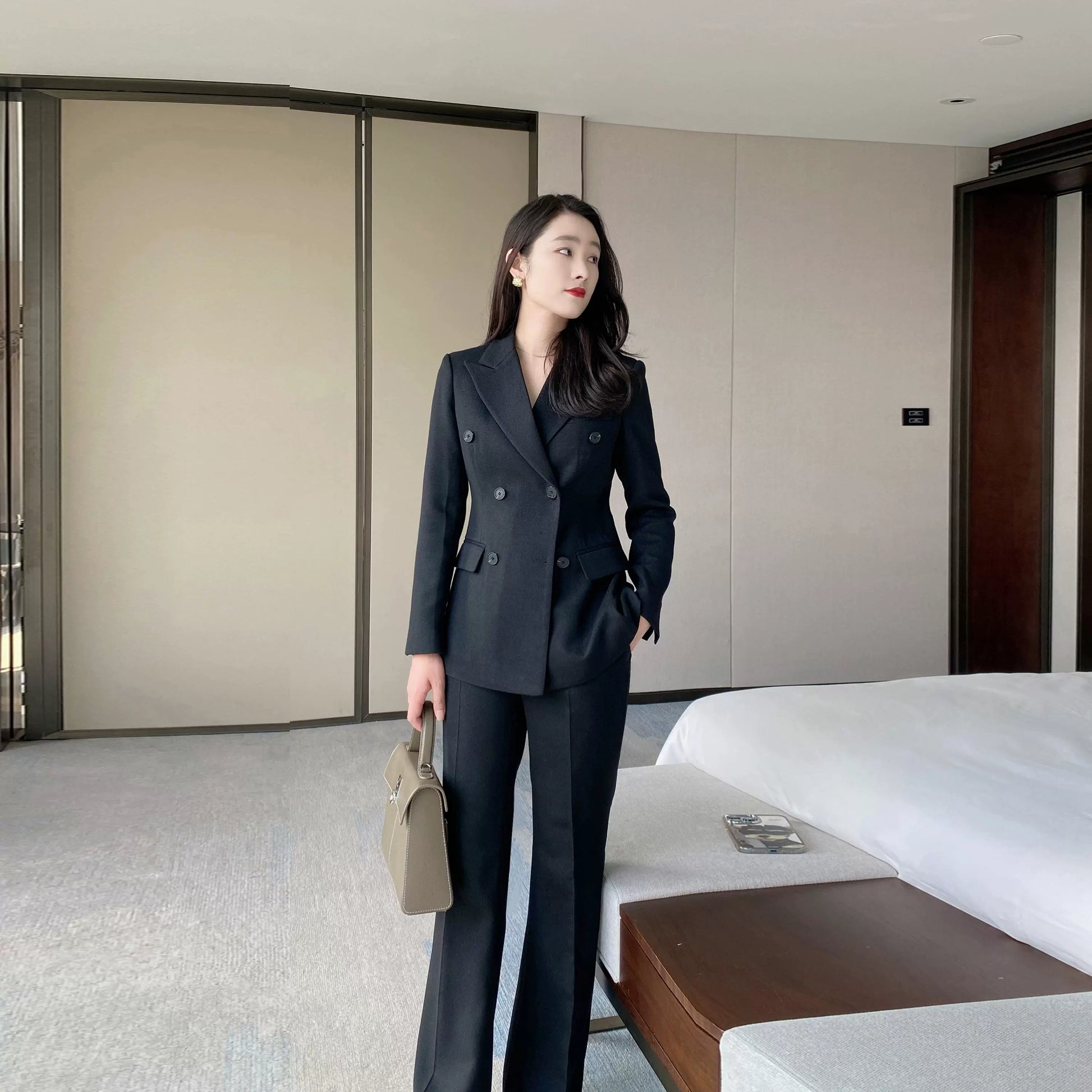 Elegant Black Woolen Winter Suit with Flared Trousers