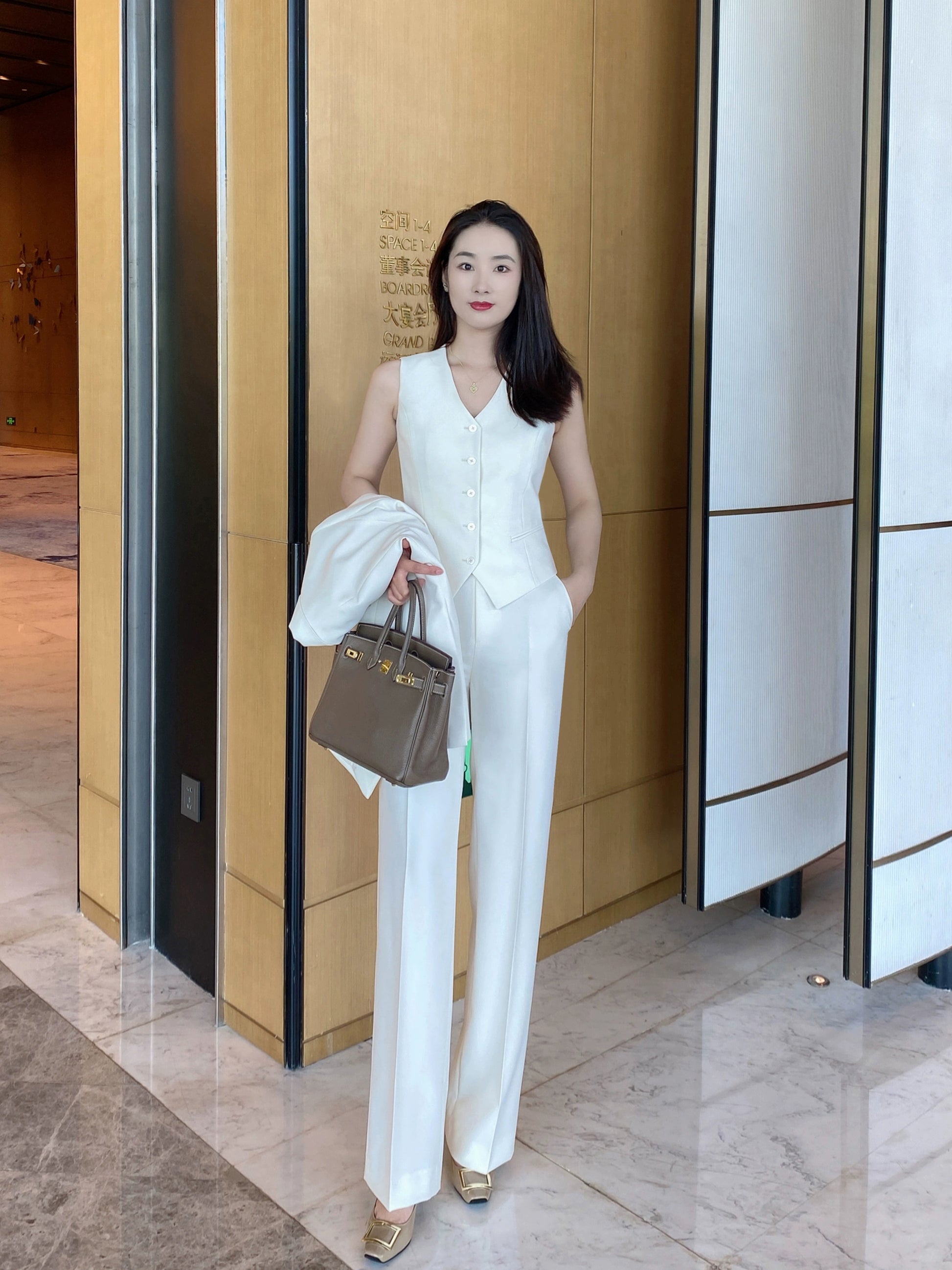 Elegant White Autumn 3‑Piece Suit Set – Loose Straight Fit