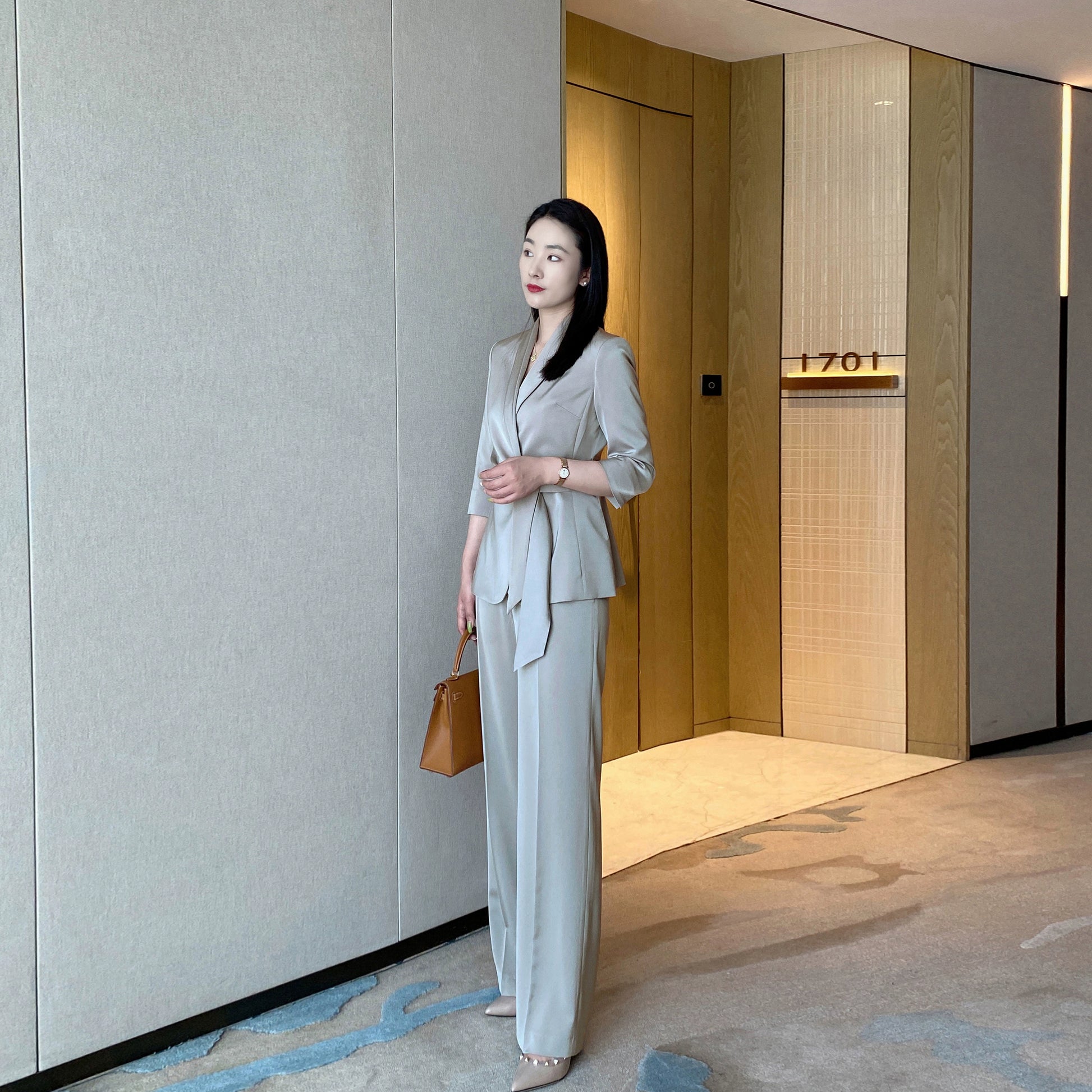 Mustard Polyester Classic Suit Jacket & Trousers Set for Women