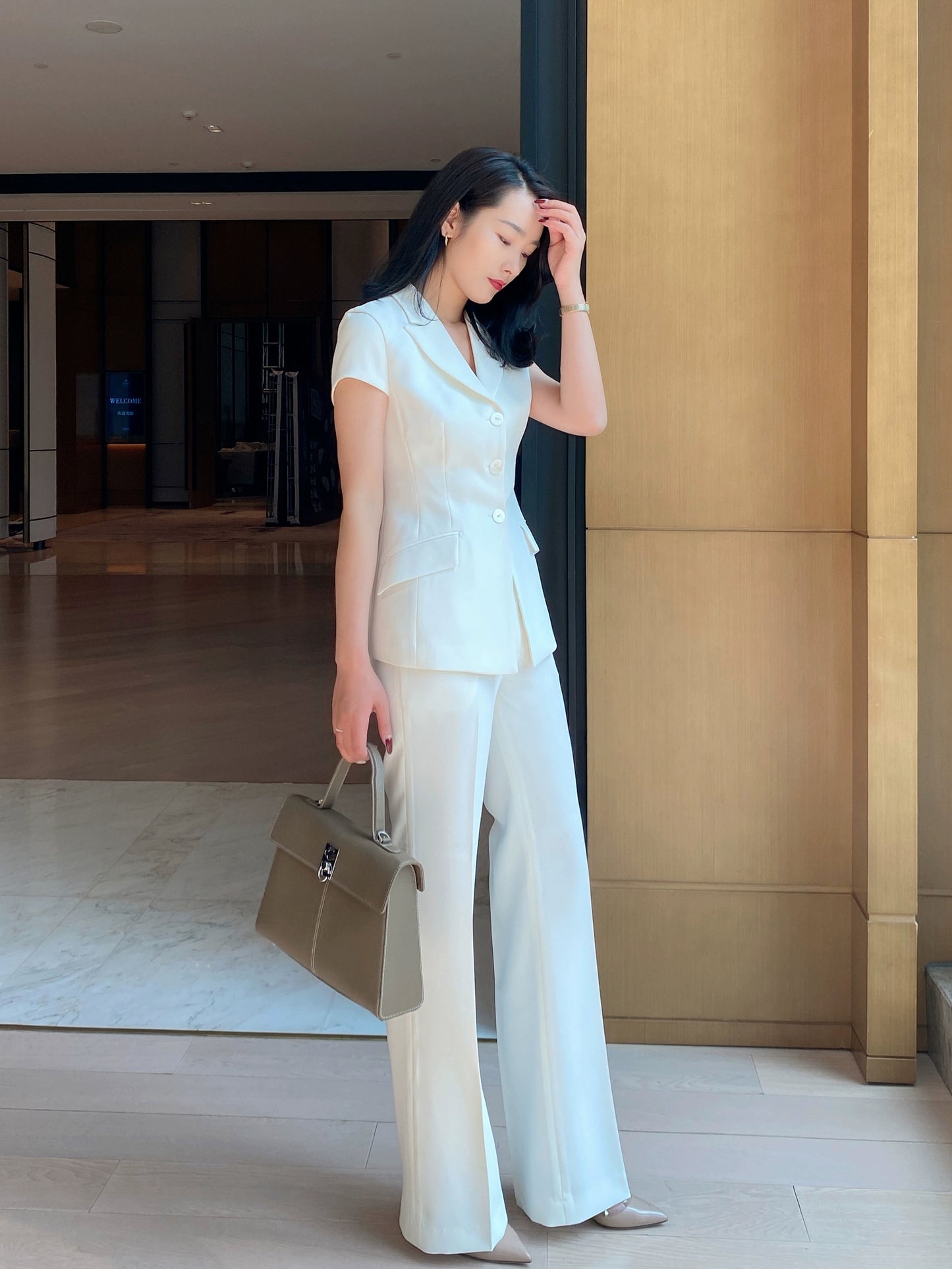 White Flared Summer Trousers with Short Sleeve Blouse