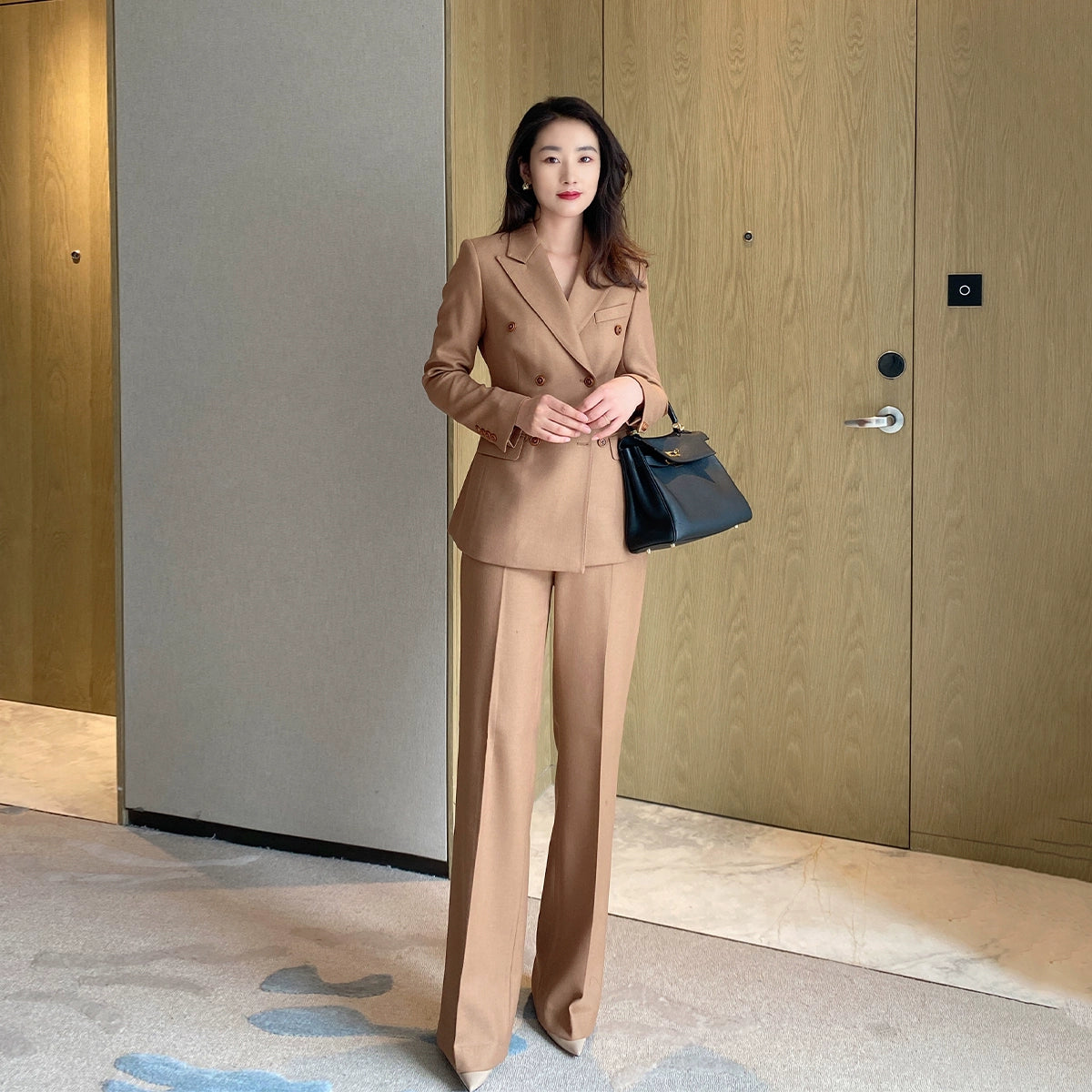 Premium Camel Wool Women’s Suit Set with Slim Fit Trousers
