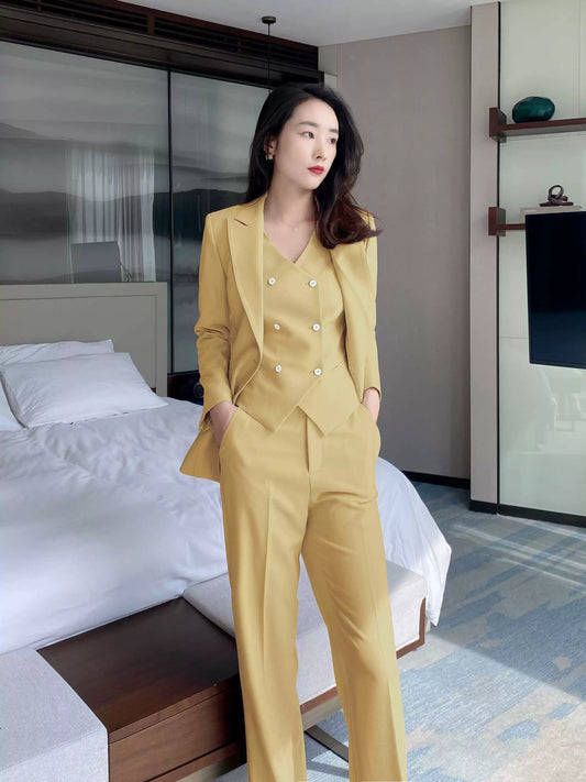 Bright Yellow 3‑Piece Classic Suit Set – Jacket, Vest & Trousers