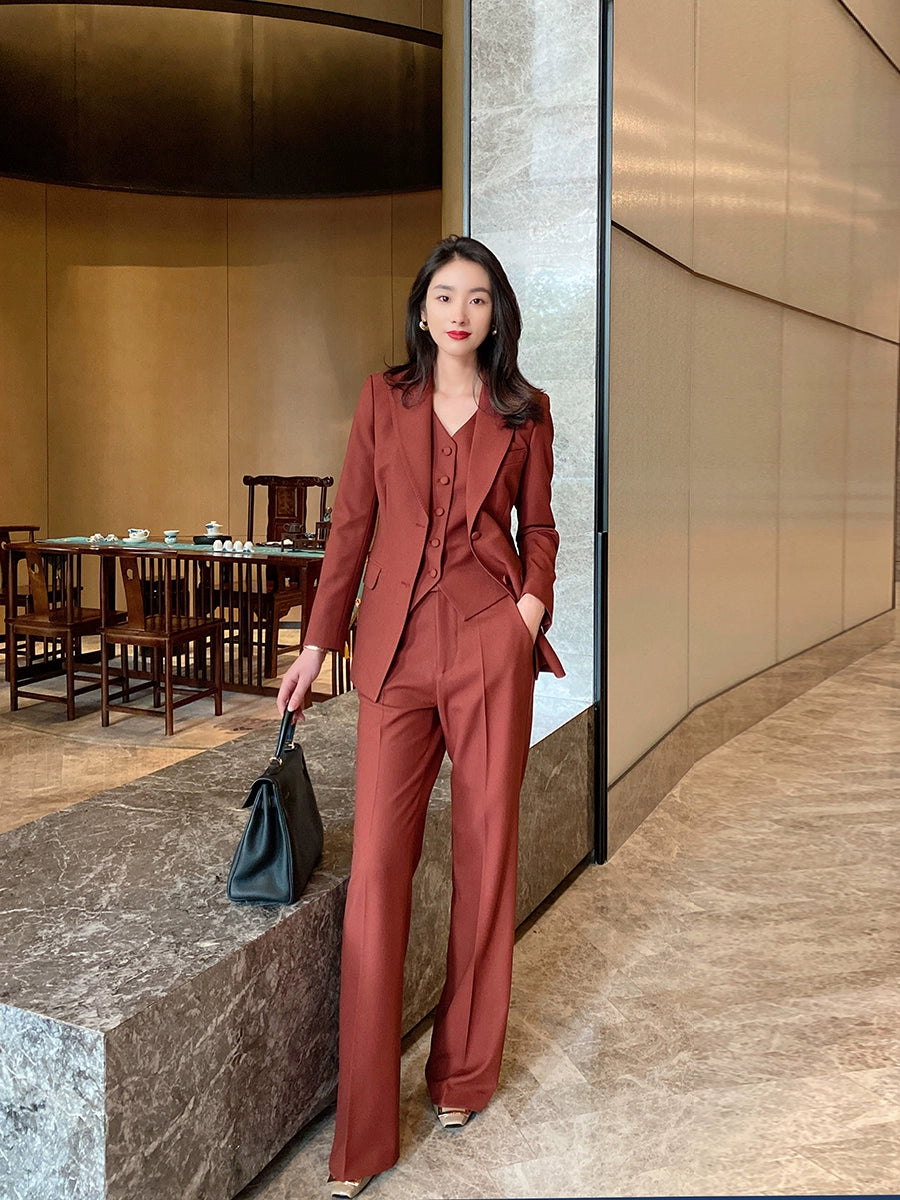 Elegant Burgundy 3-Piece Women's Suit Set with Vest and Trousers