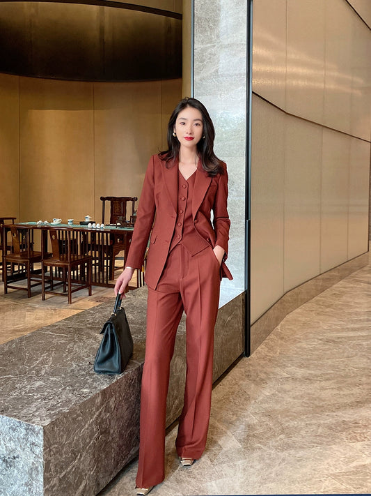 Elegant Burgundy 3-Piece Women's Suit Set with Vest and Trousers