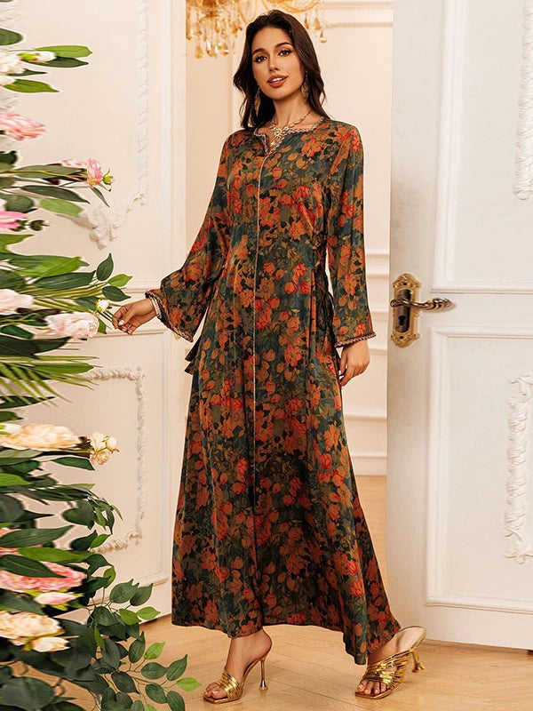 Elegant Ethnic V-Neck Long Dress for Mothers – Floral Print