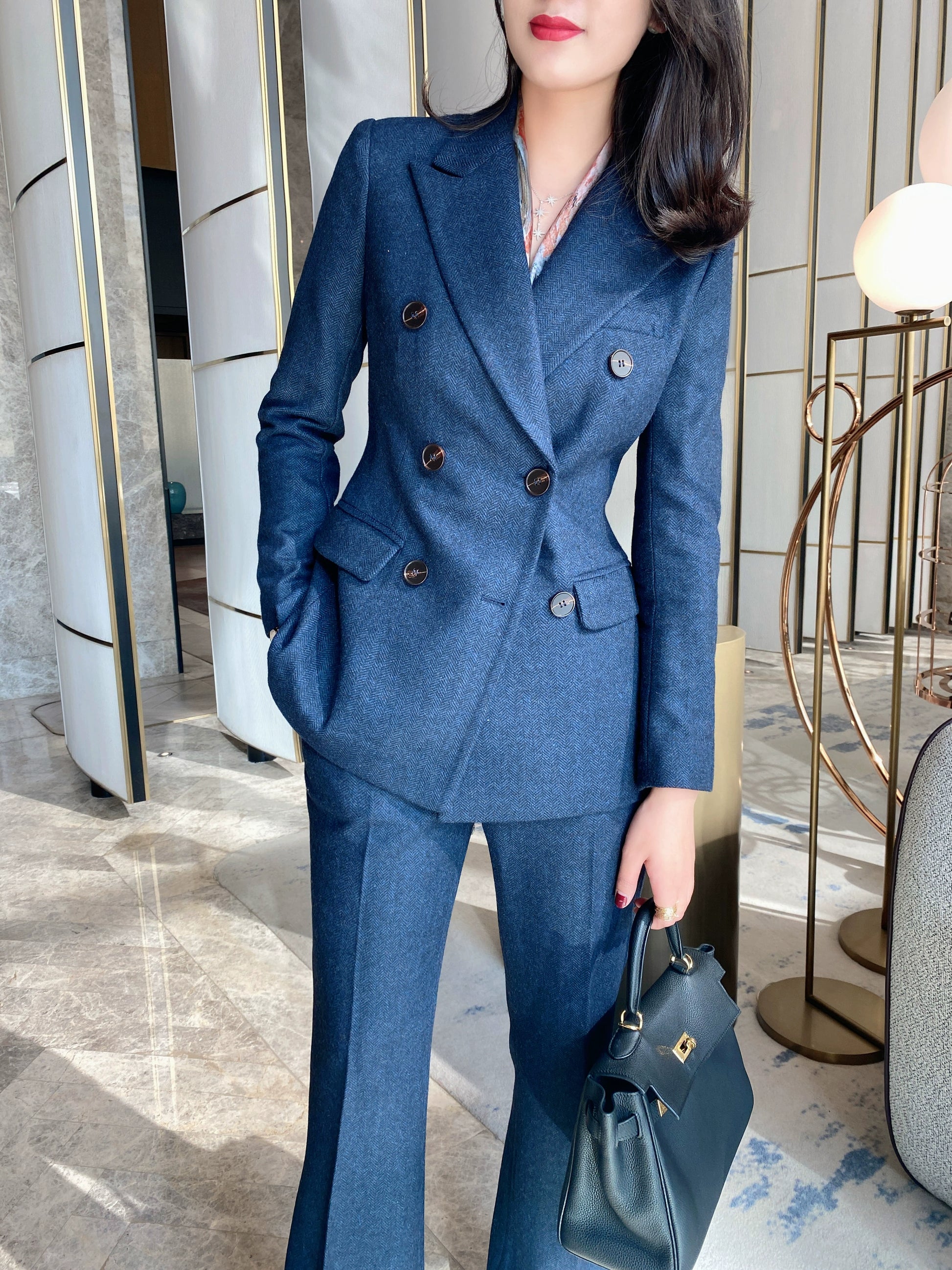 Blue Woolen Classic Suit Jacket with Slim Trousers