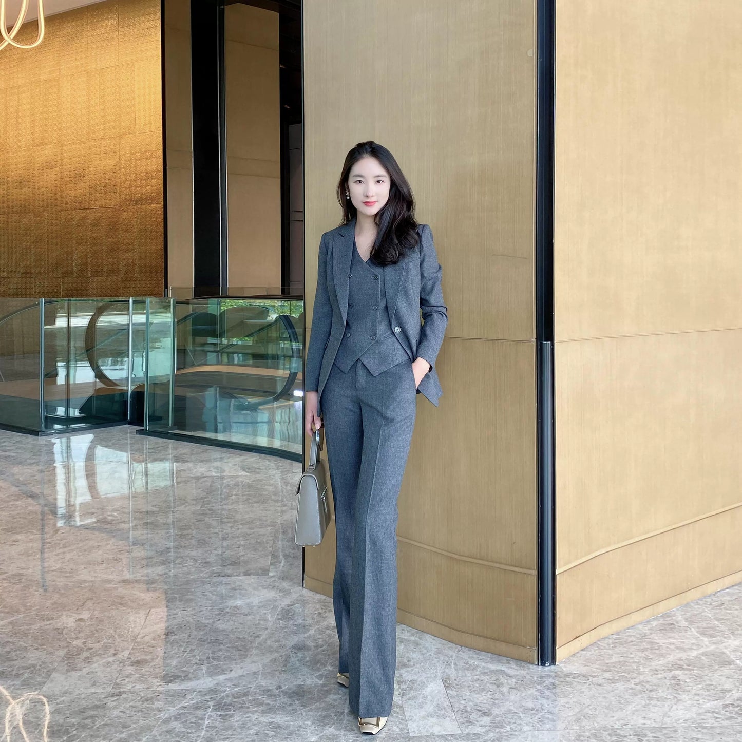 Women's Winter Grey 3‑Piece Classic Suit Set with Thick Jacket