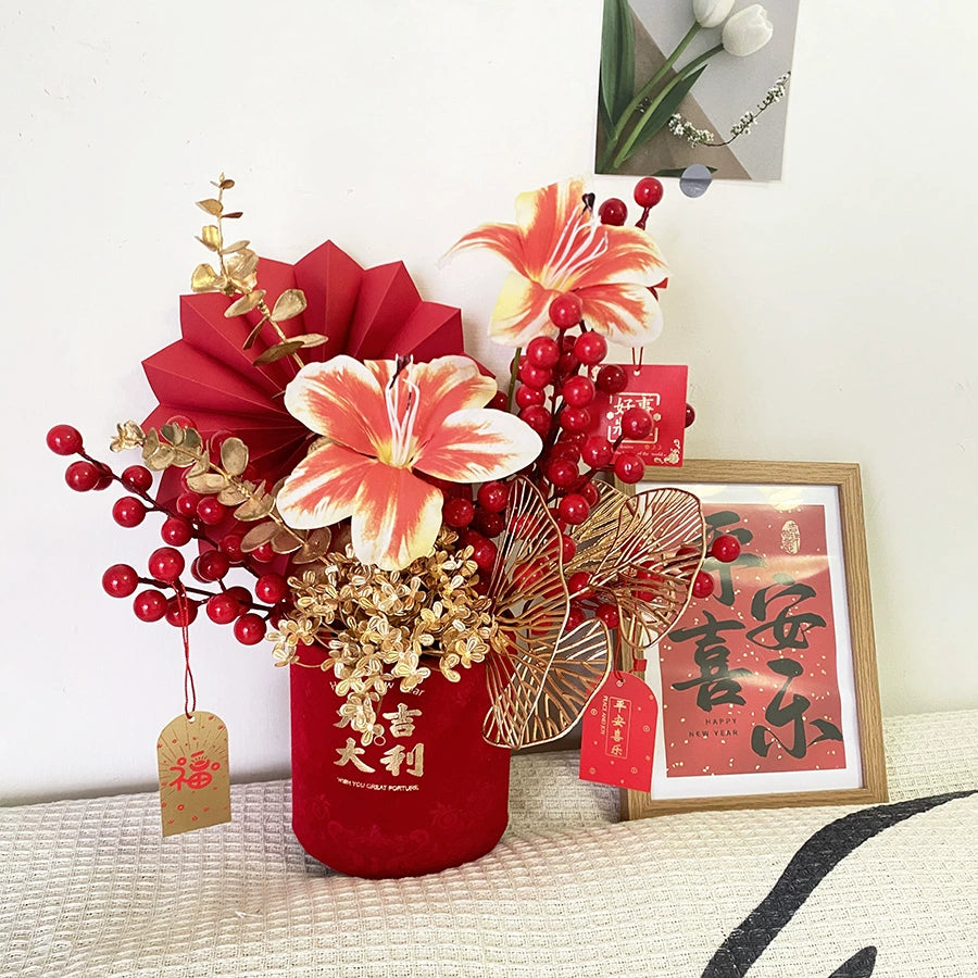 Red New Year Floral Bucket Decorative Arrangement for Home